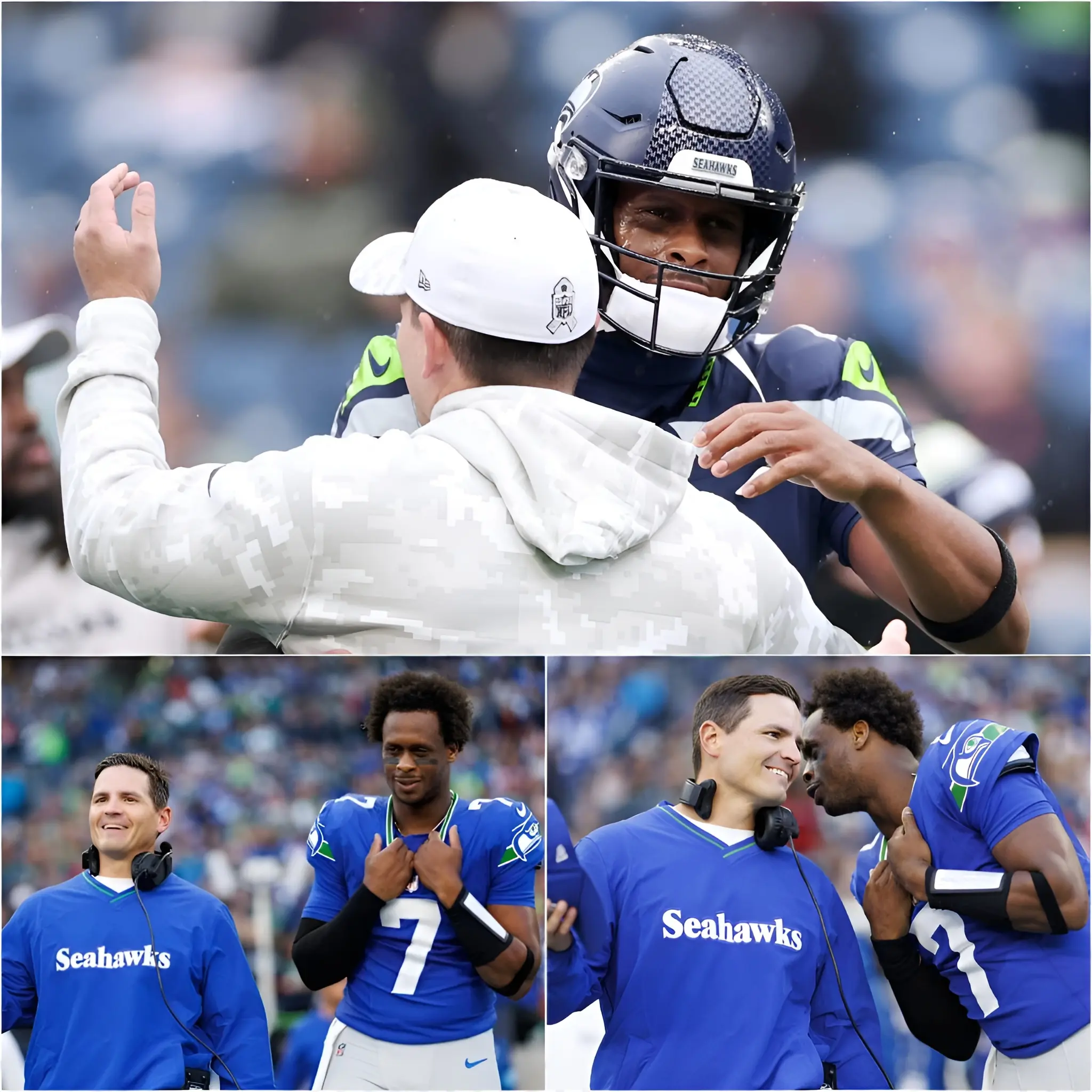 Cover Image for A TEARFUL SEAHAWKS MOMENT: Geno Smith sat alone, dejected, on the bench hours before the game against the Los Angeles Rams. He gazed out at CenturyLink Field, where he had once been considered âsurplusâ after several unsuccessful seasons. Then, Coach Macdonald approached, placed his hand on his shoulder, and said something that brought Geno to tears. He stood up, hugged the coach tightly, his voice choked with emotion: âCoach, Iâm going to throw the ball as if it were my final thank you. Because this team gave me a second chance. Weâre going to win, because this love is greater than any defeat.â