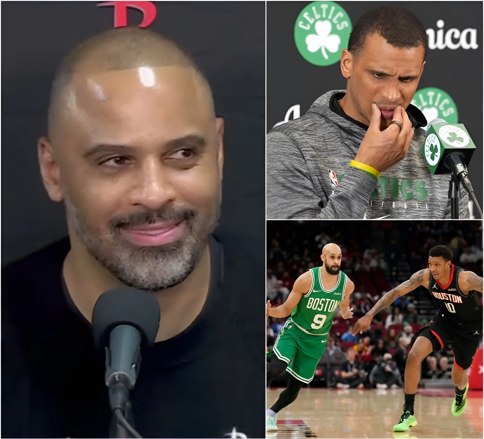 Cover Image for “CHEATERS NEVER CHANGE — CELTICS’ COURT STRATEGY EXPOSED!” 🔴 Rockets head coach Ime Udoka exploded in fury after the 93-114 loss in the Toyota Center, bluntly accusing the Celtics of deliberately using a court strategy to disrupt Houston players’ focus and gain an unfair advantage. The explosive claim ignited instant OUTRAGE across the NBA. Moments later, Celtics head coach Joe Mazzulla stepped to the podium, flashed a calm, ice-cold smile, and delivered ONE short, devastating sentence that left Udoka speechless, Rockets players STUNNED, and the entire NBA world in absolute chaos. Social media erupted into a wildfire of debates, memes, and pure frenzy — no one could look away from the drama. 🔥😱