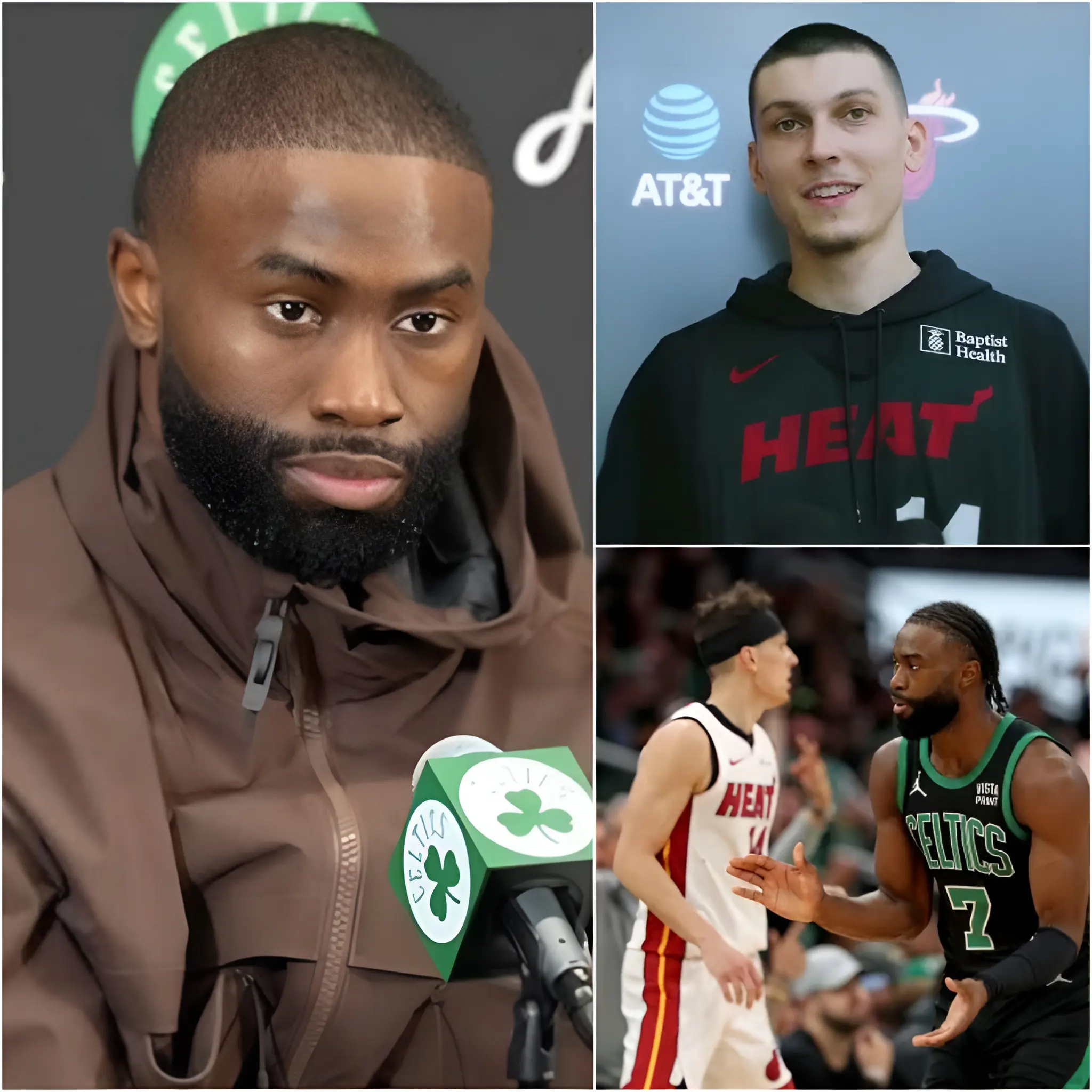 Cover Image for BREAKING NEWS: As the Boston Celtics prepared for their high-stakes matchup against the Miami Heat, Heat star Tyler Herro shared his respect for the Celtics, acknowledging their strength despite missing Jayson Tatum. “They’ve been champions before, and they’re still a tough team. We can’t afford to take them lightly,” Herro said, emphasizing the challenge ahead. In response, Celtics star Jaylen Brown confidently fired back, reaffirming his belief in the team’s resilience, even with Tatum out for the season. Brown’s words not only rallied Celtics fans but also sent a powerful message to the Heat, solidifying Boston’s readiness for the game.