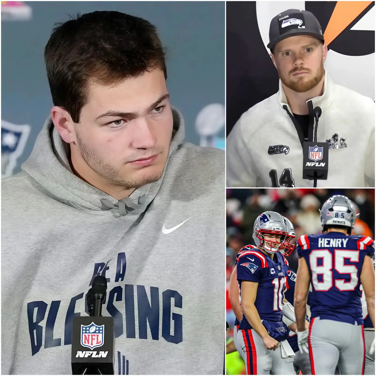 Cover Image for BREAKING NEWS – 10 MINUTES AGO: Seattle Seahawks quarterback Sam Darnold has issued a provocative warning: “New England fans, hold on to your seats — Gillette will shake violently on that day, and everyone will leave in tears.” He further asserted that New England’s past victories were due to money and connections, even hinting that the entire officiating crew had been bribed. Immediately after, quarterback Drake Maye angrily fired back with a sharp 13-word message, directly calling out Darnold and the Seahawks, embarrassing them in front of the media…