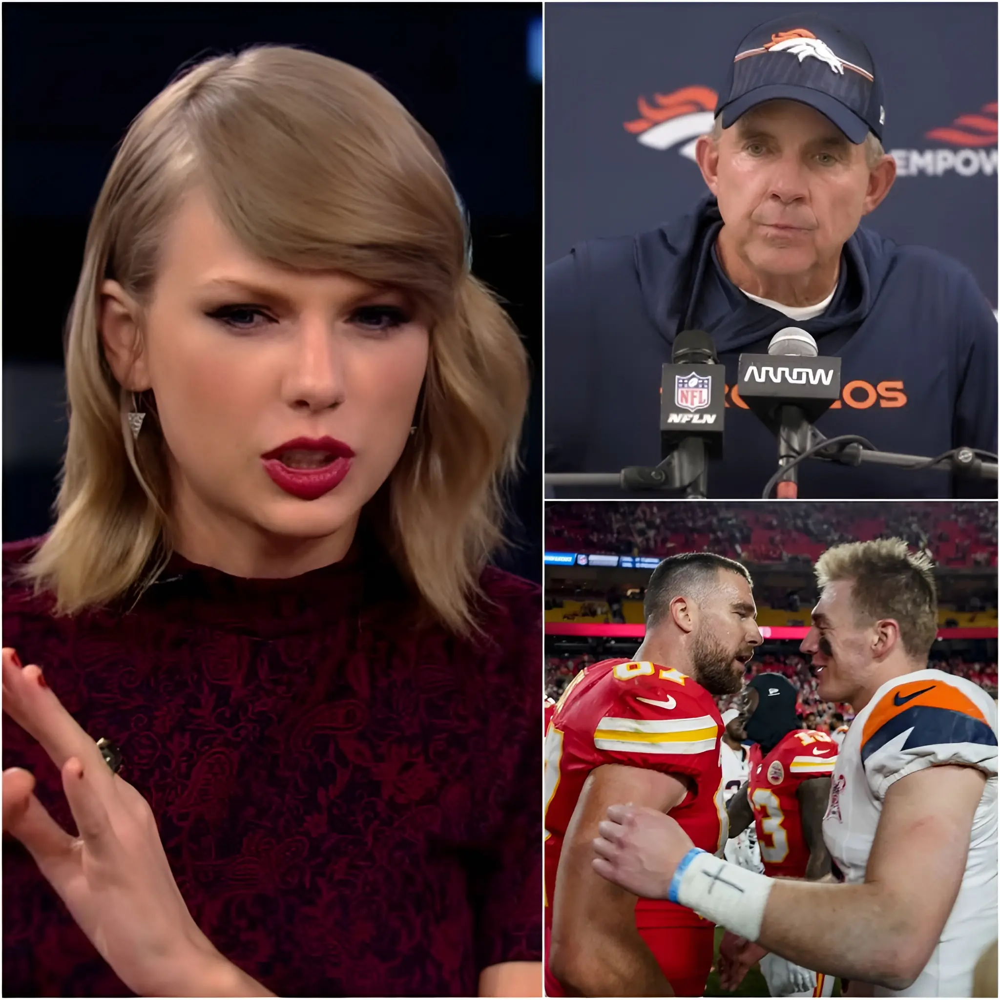 Cover Image for BREAKING NEWS: After what could be his final season with the Kansas City Chiefs, Taylor Swift reportedly suggested to Travis Kelce that he leave Kansas City and join the Denver Broncos in Colorado. She hinted that the pairing could bring a fresh energy to the franchise and potentially reshape how the entire NFL views the Broncos. The unexpected comment immediately ignited speculation about Kelce’s future beyond Kansas City. When asked about the rumors, Broncos head coach Sean Payton simply smiled and delivered a sharp, cryptic remark. His response left fans and analysts stunned, fueling even more debate about whether a blockbuster move could be on the horizon.