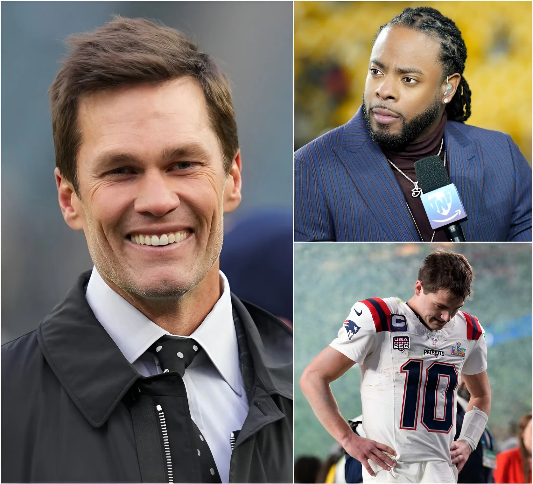 Cover Image for “I’VE WAITED 11 YEARS TO SEE THIS LOOK ON NEW ENGLAND’S FACE. NO SPYGATE, NO DEFLATED BALLS — JUST AMATEURS.” Former Seahawks star Richard Sherman laughed openly on Prime Video’s live broadcast after Super Bowl LX. He claimed the Patriots’ collapse exposed what they really are without controversy or shortcuts, singling out Drake Maye as unprepared for the moment. Sherman’s comments instantly reignited old rivalries and sparked furious debate online. Patriots fans were quick to fire back. Moments later, franchise legend Tom Brady stepped in to defend the next generation in New England, and his words immediately shifted the narrative.
