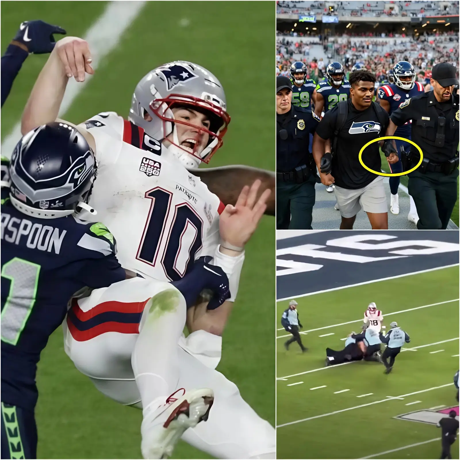 Cover Image for 🚨 EXCLUSIVE: Chaos erupted during the third quarter of Super Bowl LX when a die-hard Seahawks fan, reportedly related to a Seattle player, was forcibly removed from Levi’s Stadium after repeatedly shining a green laser into Drake Maye’s eyes during a crucial Patriots drive. The interference visibly disrupted the young quarterback and nearly led to a disastrous interception. An enraged Mike Vrabel immediately demanded lifetime bans for those involved, condemning the act as blatant sabotage and a serious threat to player safety. The shock only deepened when the fan later confessed he had been paid to do it — and the identity of the person behind it is now set to ignite outrage across the entire NFL.