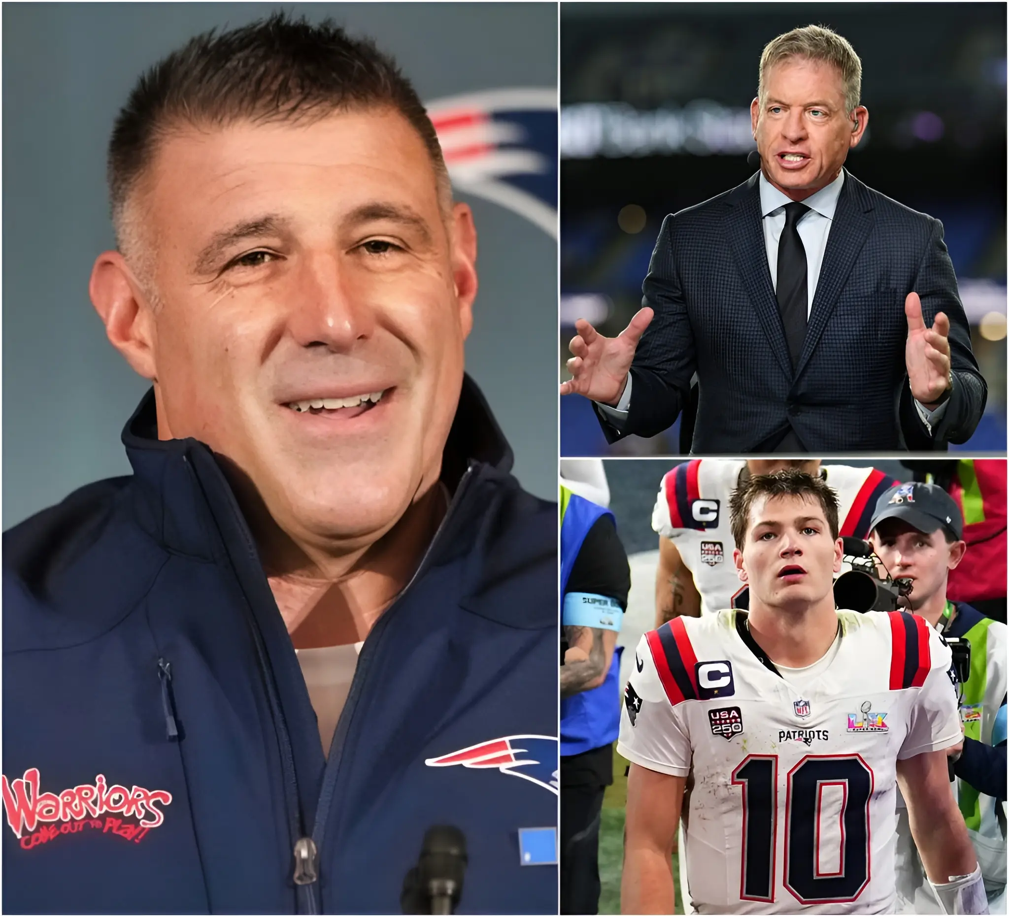 Cover Image for “I’ve never seen a team look that weak!” Troy Aikman blasted, openly criticizing the New England Patriots’ lifeless performance, with Drake Maye squarely in his sights after the Super Bowl LX loss to the Seattle Seahawks. Aikman argued that the Patriots’ road to the final owed more to luck than real quality. Head coach Mike Vrabel quickly fired back, standing up for his players and insisting they fought to their absolute limit. He stressed that one defeat cannot erase the team’s effort or the promise they still hold for the future.