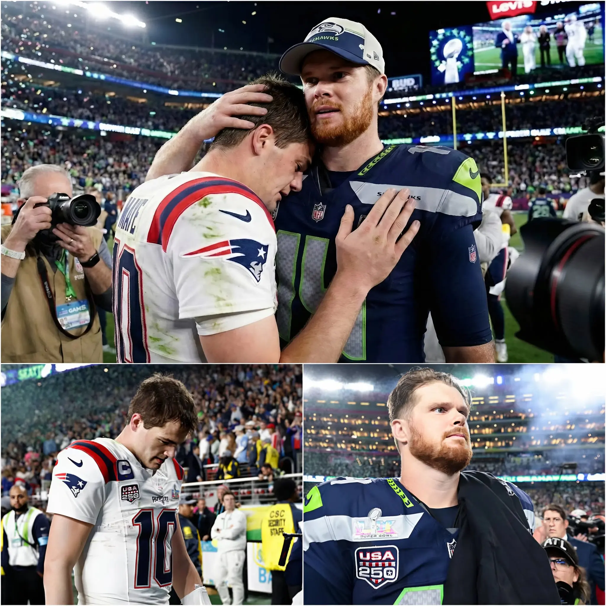 Cover Image for The most beautiful moment of the football year didn’t come with confetti or a trophy lift. After the Super Bowl, Sam Darnold quietly walked away from the celebration and knelt beside a heartbroken Drake Maye, offering words of respect instead of triumph. No cameras were needed to feel the power of that gesture. In a stadium full of noise, that silent moment said everything. Sam Darnold didn’t just win the Super Bowl—he showed the world what real greatness looks like.