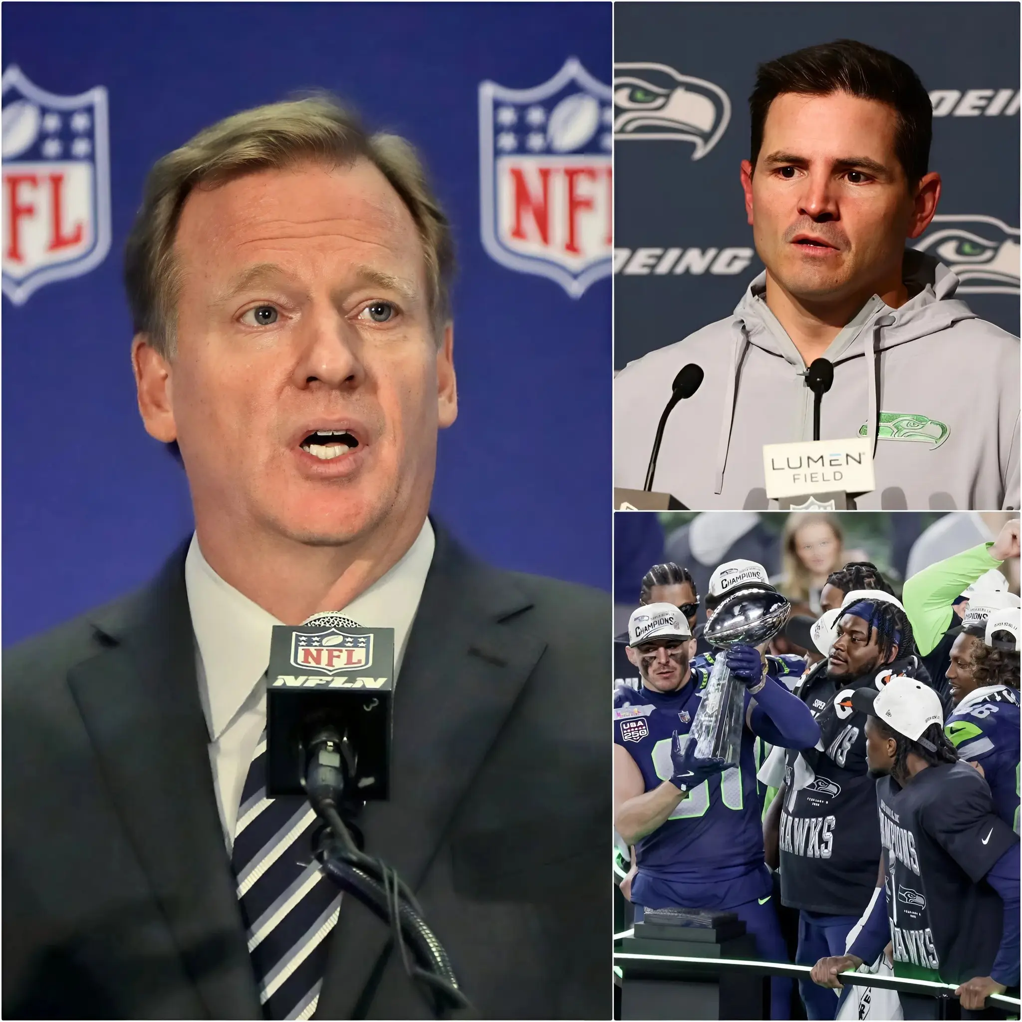 Cover Image for JUST MINUTES AGO: The results of Super Bowl LX 2025 have officially been nullified, as all referees involved—along with the head coach of the Seattle Seahawks—have reportedly been taken into custody for questioning in what is now being described as a shocking and unprecedented scandal in NFL history…Full details in the comments below 👇