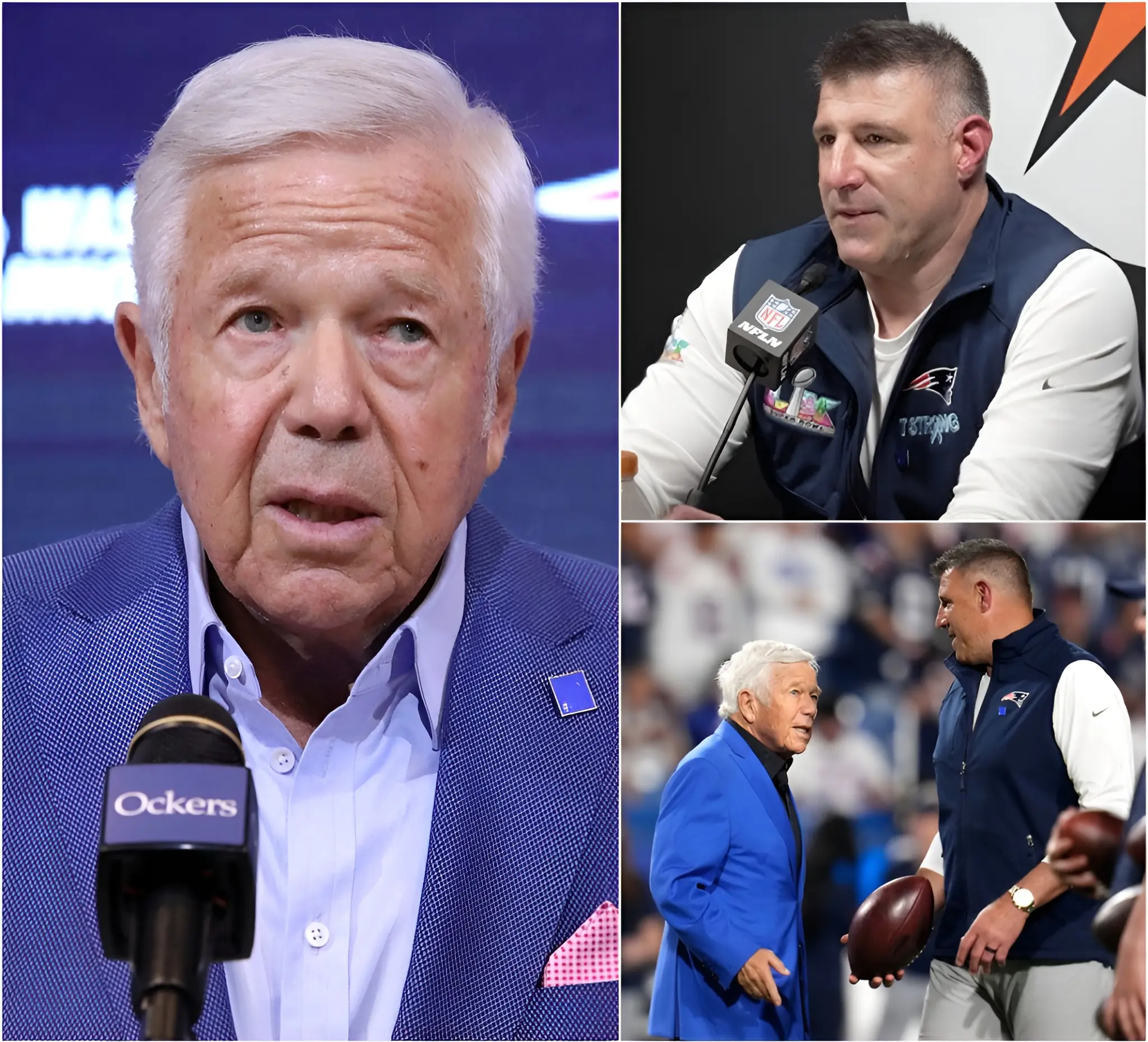 Cover Image for SHOCKING NEWS: Head coach Mike Vrabel stunned reporters by announcing he is prepared to step down from his position with the New England Patriots following what he described as “irreconcilable differences” with team leadership. Vrabel hinted that disagreements over the team’s direction after the Super Bowl loss to the Seahawks made it impossible to move forward with unity. The unexpected declaration immediately sent shockwaves through the organization and left players reeling. Within minutes, Patriots owner Robert Kraft responded publicly, delivering a firm statement that underscored his commitment to stability and made it clear the franchise’s future would not be dictated by emotion.