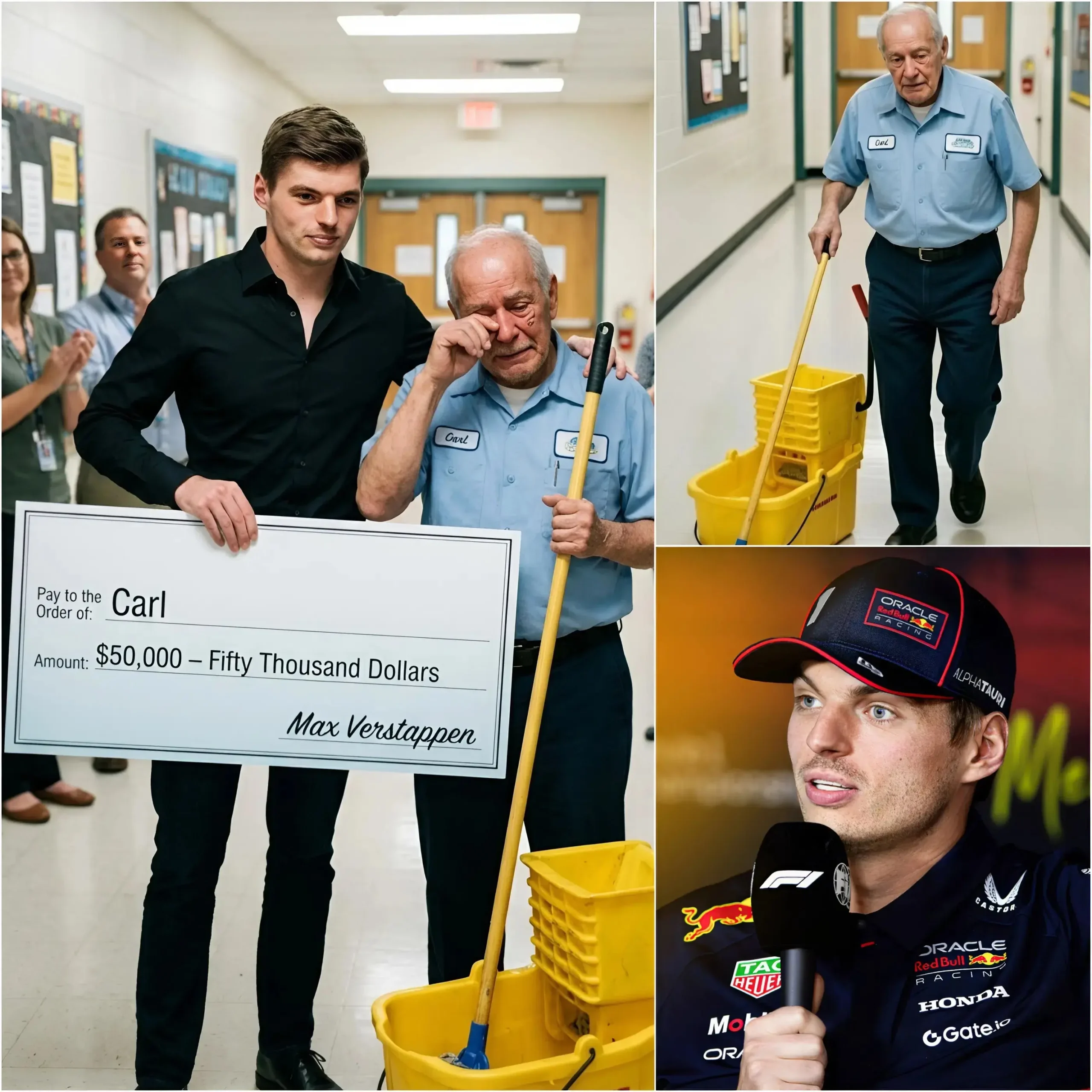 Cover Image for While visiting his old school, Max Verstappen discovered that his 79-year-old caretaker, Mr. Carl, was still working to support his family. Instead of simply saying hello, Max sat down next to him and asked about his life, health, and family. What he discovered touched him deeply: Mr. Carl was still working because he had no other choice. He had worked hard for years, but due to difficult times, he could retire and still not be able to support his loved ones. Max decided not only to offer words of support, but he did something unexpected. It not only changed Mr. Carl’s life, but the school community was also surprised by his gesture!