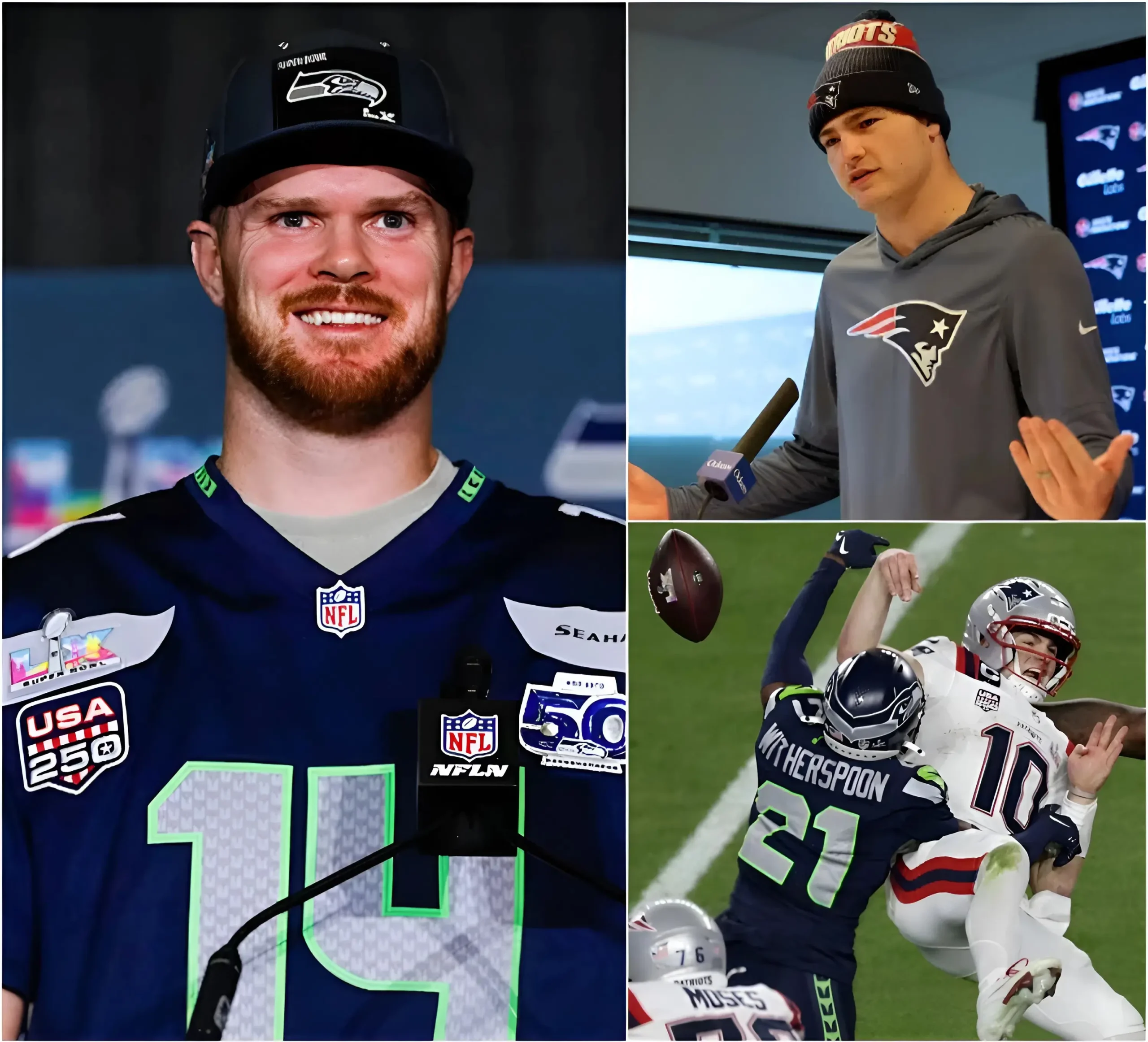 Cover Image for “I think the New England Patriots should switch to flag football with kids — they don’t belong in the NFL!” Seahawks star Sam Darnold took a brutal swipe at the Patriots after Seattle dismantled them in Super Bowl LX. He claimed New England no longer plays with the toughness or intensity required at the highest level. The remark instantly ignited fierce reactions across the league and social media. Patriots quarterback Drake Maye responded with a single sentence that stunned everyone — but what he said behind closed doors remains undisclosed.
