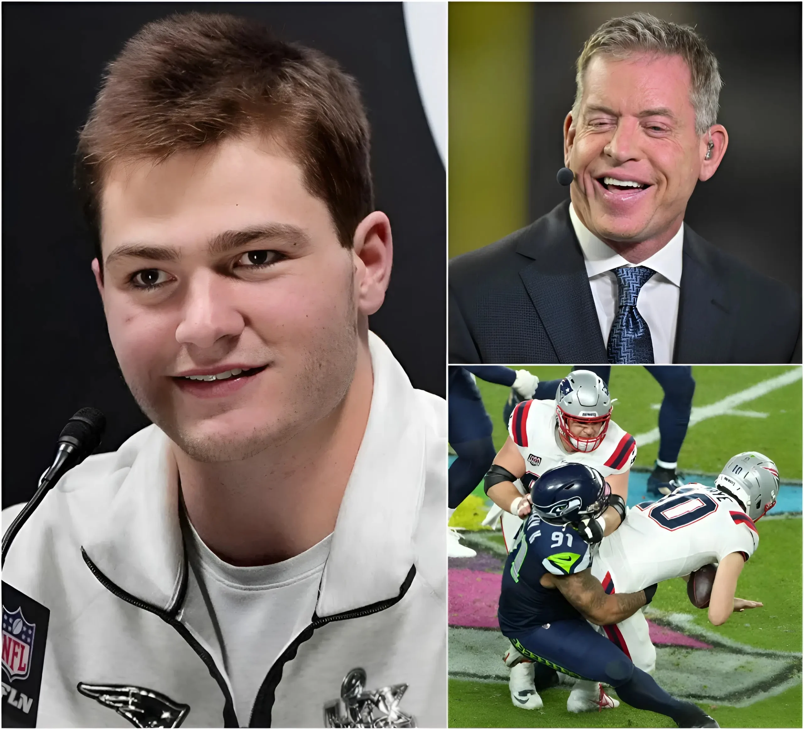 Cover Image for SHOCKING NEWS: Commentator Troy Aikman took a brutal swipe at the Patriots after their humiliating 13–29 loss to the Seahawks, saying it wasn’t a championship team but a roster completely exposed under the brightest lights, adding that New England didn’t just lose — they unraveled, and if this is the franchise’s new era, it’s already heading in the wrong direction. His sharp criticism instantly exploded across social media, drawing fierce reactions from fans and analysts alike. Just minutes later, Patriots star Drake Maye responded with a cold, defiant message that made it clear the locker room had heard every word and won’t forget it anytime soon.