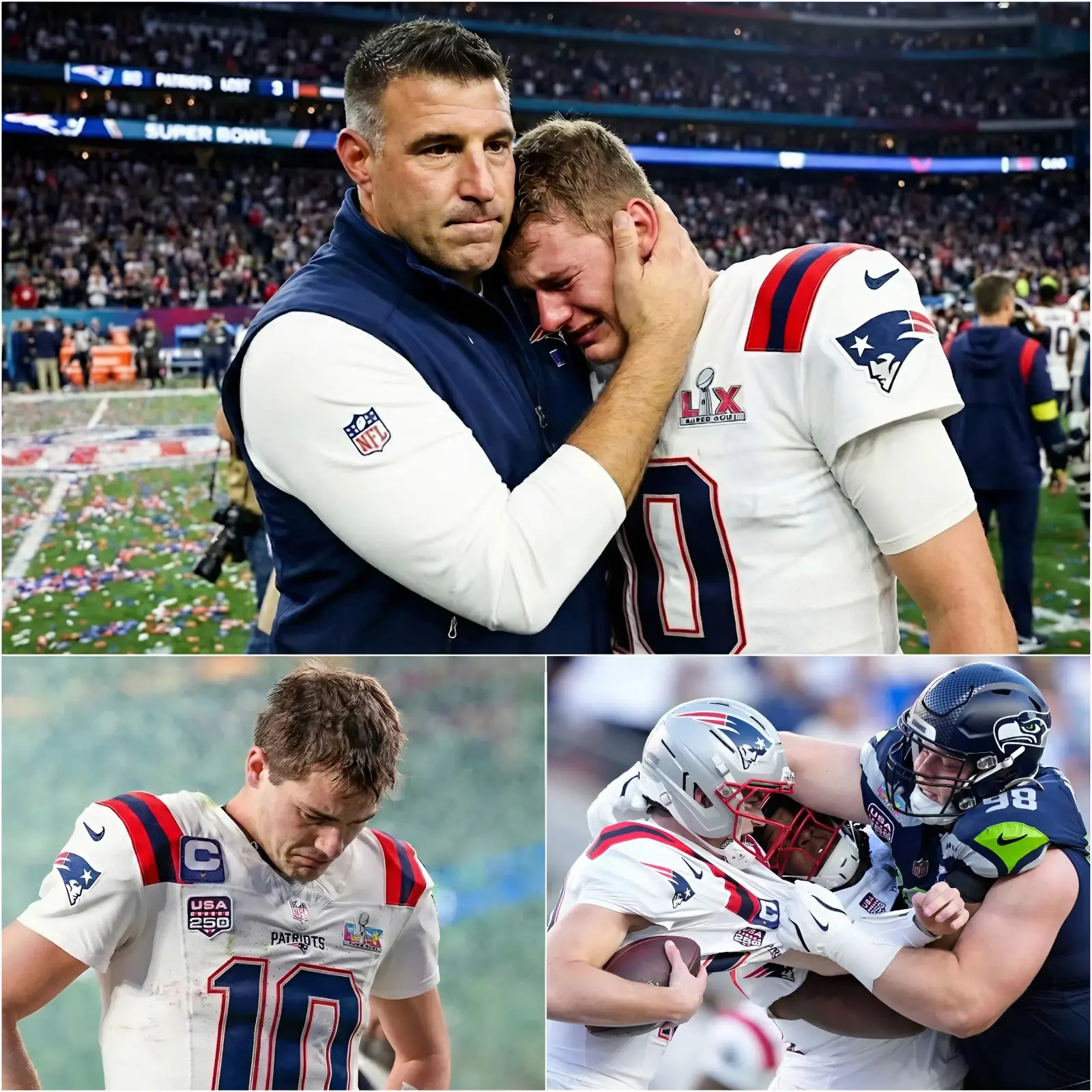Cover Image for “‘HE IS ONLY 23 YEARS OLD’ – Coach Mike Vrabel choked up with tears as he shared about Drake Maye’s condition after the failed Super Bowl final. He has had to endure countless harsh criticisms from fans and the public after this defeat. Please everyone be understanding and tolerant of that young man. What Mike Vrabel is going through, along with Drake Maye’s current situation, has left millions of New England Patriots fans emotionally choked up and worried about his future.”