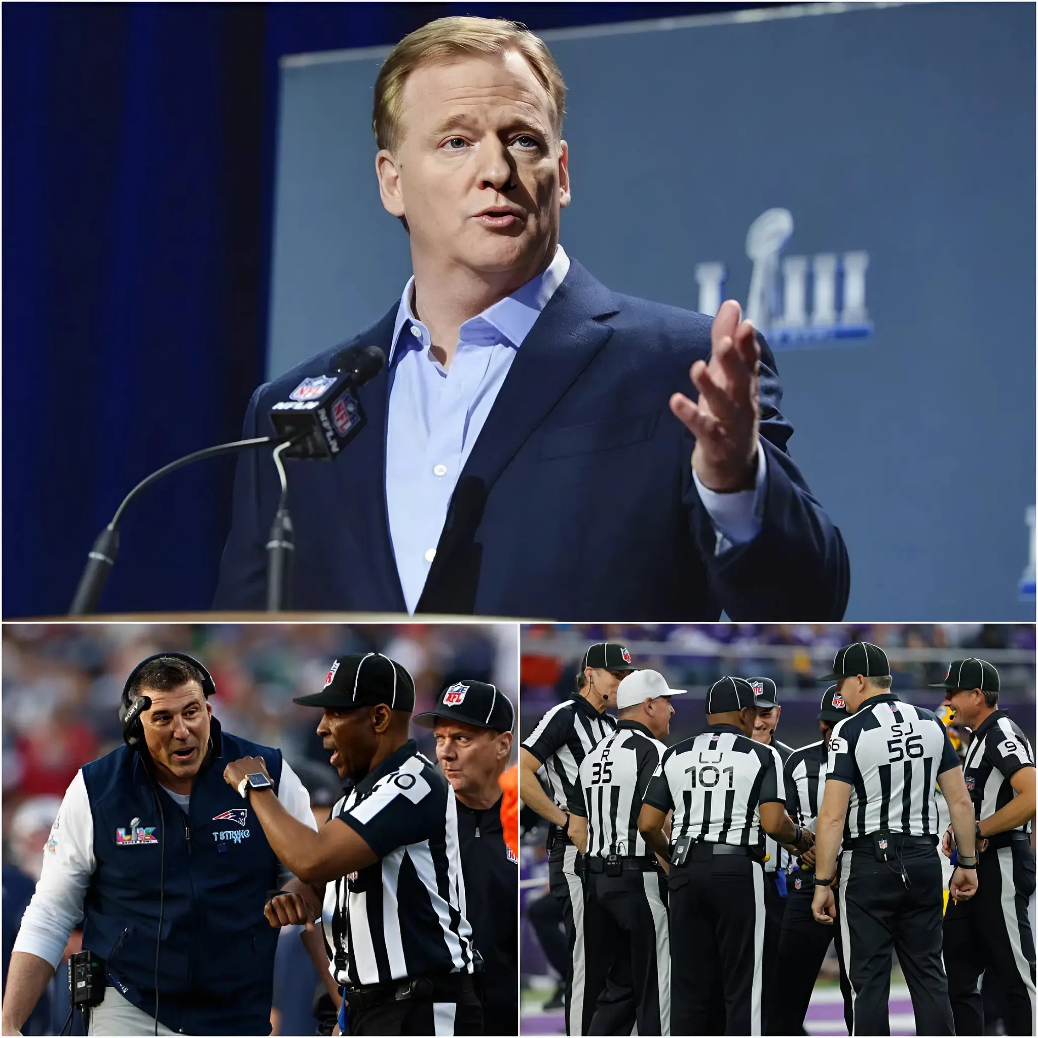 Cover Image for đšBREAKING NEWS: After one week of investigation, NFL Commissioner Roger Goodell has officially released the findings regarding the four referees who officiated the game between the New England Patriots and the Seattle Seahawks. The inquiry was launched after head coach Mike Vrabel submitted photos and video evidence, alleging that the referees acted suspiciously by ignoring multiple clear penalties committed by the Seahawksâmistakes he claimed had a major impact on both the final result and his playersâ mindset. When Commissioner Goodell finally announced his decision, it immediately triggered a massive wave of controversy across the football world, dividing fans, analysts, and former players over whether justice had truly been served