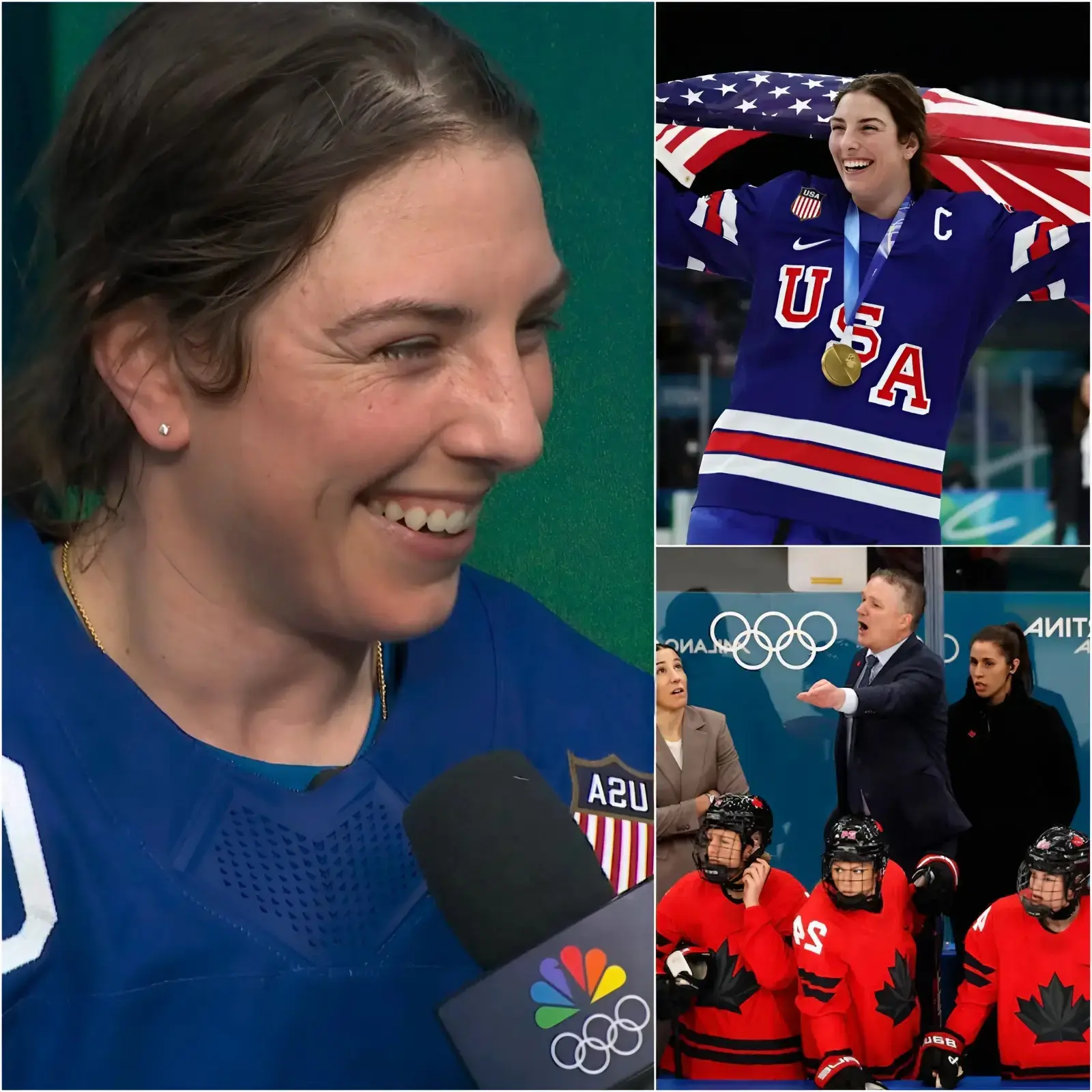 Cover Image for “Get the hell out of here, you cheater!” Just seconds after the heartbreaking 1-2 overtime loss to the United States at Santagiulia Arena in the women’s hockey gold medal final of the Milano-Cortina 2026 Winter Olympics, Team Canada’s head coach, face flushed with rage and disappointment, pointed directly at U.S. captain Hilary Knight and loudly accused the veteran American star of “cheating” and using performance-enhancing devices, while demanding that the IIHF and IOC immediately launch an emergency investigation into the last-minute tying goal. Just 5 minutes later, in front of dozens of television cameras and millions of global viewers, Hilary Knight slowly raised her head, flashed an ice-cold, confident smile, and delivered exactly 15 razor-sharp words. The entire arena erupted in chaos with roaring cheers from American fans, while the Canadian side stood frozen in shock, faces drained of all color, only able to bow their heads and hurriedly leave the ice in the agony of defeat before millions of women’s hockey fans witnessing this historic moment around the world…