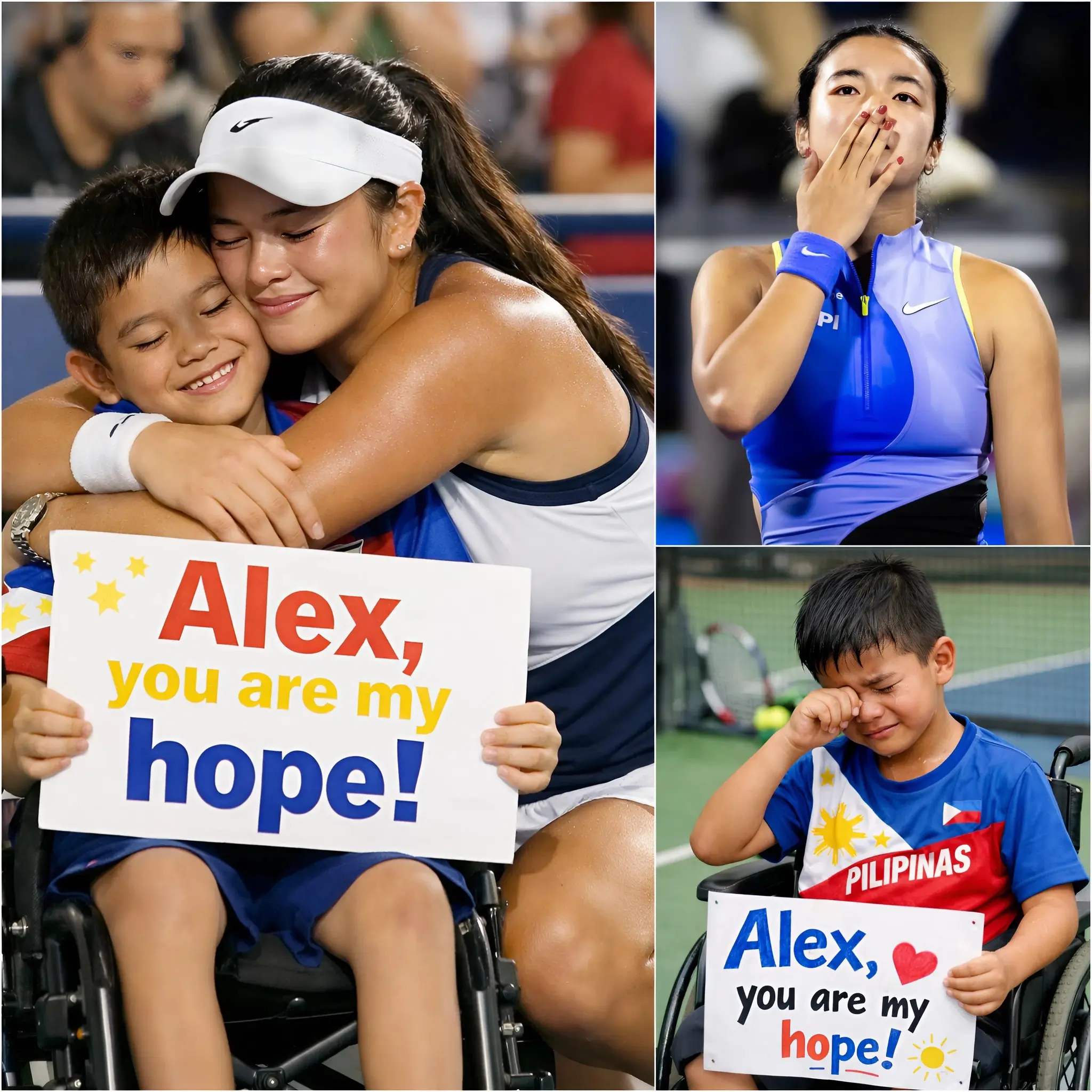 Cover Image for 🔥🎾 During the quarterfinal match at the Dubai Championships, Alex Eala was trailing against Coco Gauff when she suddenly stopped in the middle of a point. She ran to the stands and knelt down to tightly hug a disabled 10-year-old boy (in a wheelchair, wearing a Philippines shirt, holding a sign that read, “Alex, you are my hope!”). The boy is a loyal fan from the Philippines who flew over to support her despite his family’s financial struggles, and he had been bullied because of his disability. Alex broke down in tears: “This boy messaged me two years ago, saying that watching me play tennis helped him forget his pain. Today he is here… I couldn’t continue the match without hugging him.” The umpire allowed a pause, and the crowd erupted in applause. After the match, she announced: “All of my prize money from this tournament will be donated to a foundation supporting children with disabilities in the Philippines – so they can play sports and be confident like I am. And this boy… will be our very first ambassador.” READ FULL STORY BELOW 👇👇