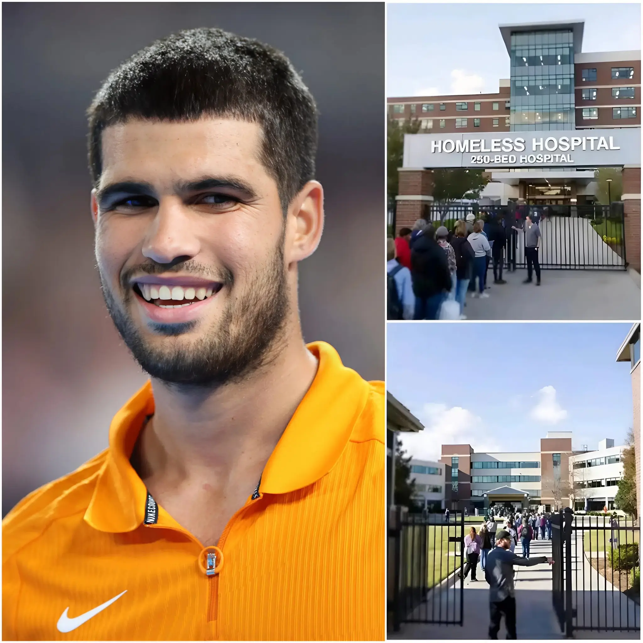 Cover Image for ❤️ At 5 a.m., in the biting cold, Carlos Alcaraz personally opened the doors of a hospital: NO cameras, NO ribbon-cutting, NO applause… 250 beds, FREE FOREVER, reserved exclusively for homeless people and vulnerable families — something never before seen in Murcia. The place, once forgotten, has now been “revived” by the tennis champion. “Trophies are just metal… This is the legacy I want to leave in history,” he whispered, leaving millions speechless. Hashtags exploded across social media, and tears were shed everywhere.