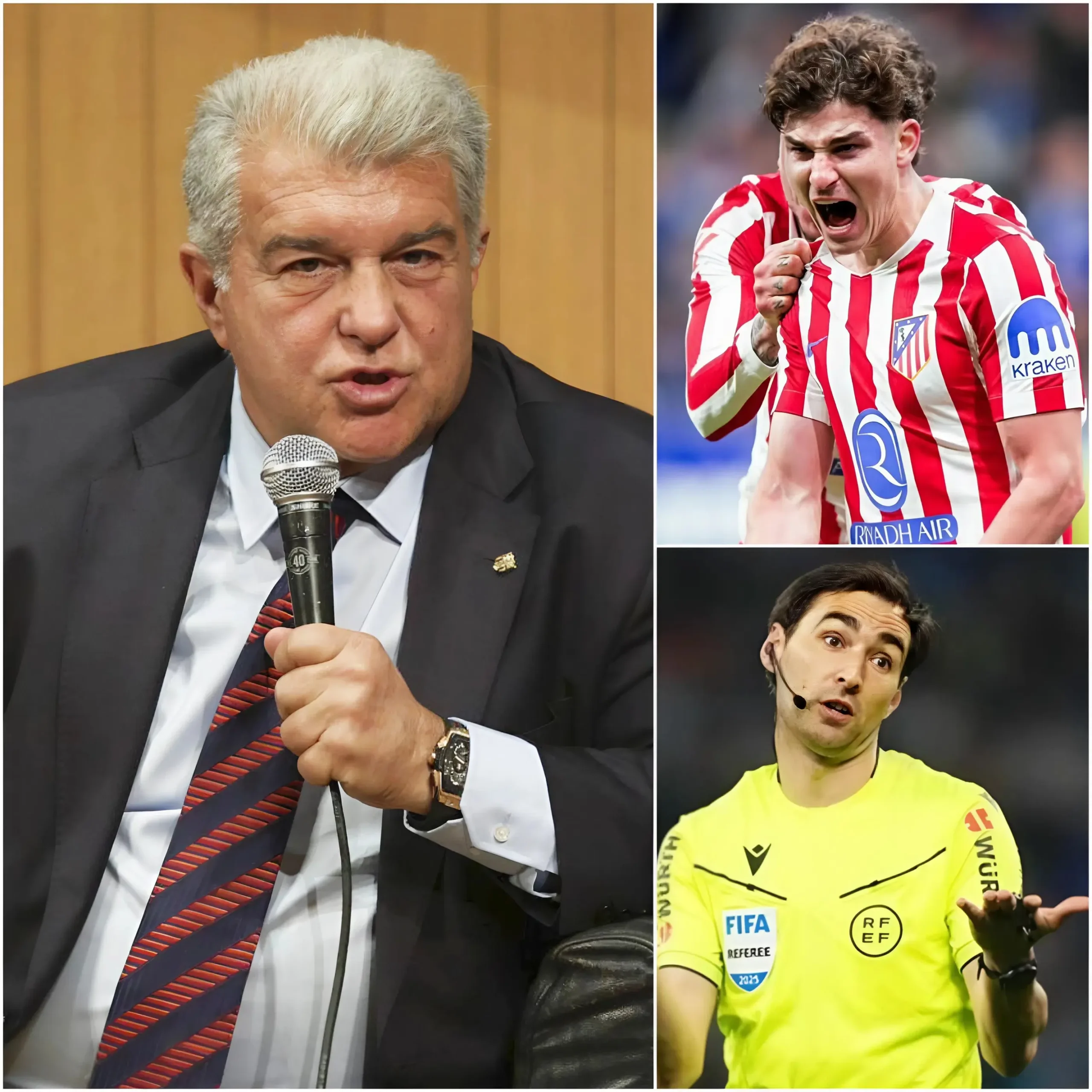 Cover Image for «Nos ha engañado a todos». Tras la victoria por 3-0 ante el Atlético de Madrid, pero aun así la eliminación con un marcador global de 3-4 después de los dos partidos, en el propio estadio del Barcelona, el presidente Joan Laporta, con el rostro enrojecido por la ira, señaló directamente al árbitro principal Ricardo de Burgos Bengoetxea y lo acusó en voz alta de haber tomado decisiones perjudiciales que influyeron directamente en el desenlace final del Barcelona, exigiendo además a los organizadores de la competición que abrieran de inmediato una investigación urgente. Apenas cinco minutos después, ante decenas de cámaras de televisión, Ricardo de Burgos Bengoetxea levantó lentamente la cabeza y reveló una verdad estremecedora… que lo dejó humillado.