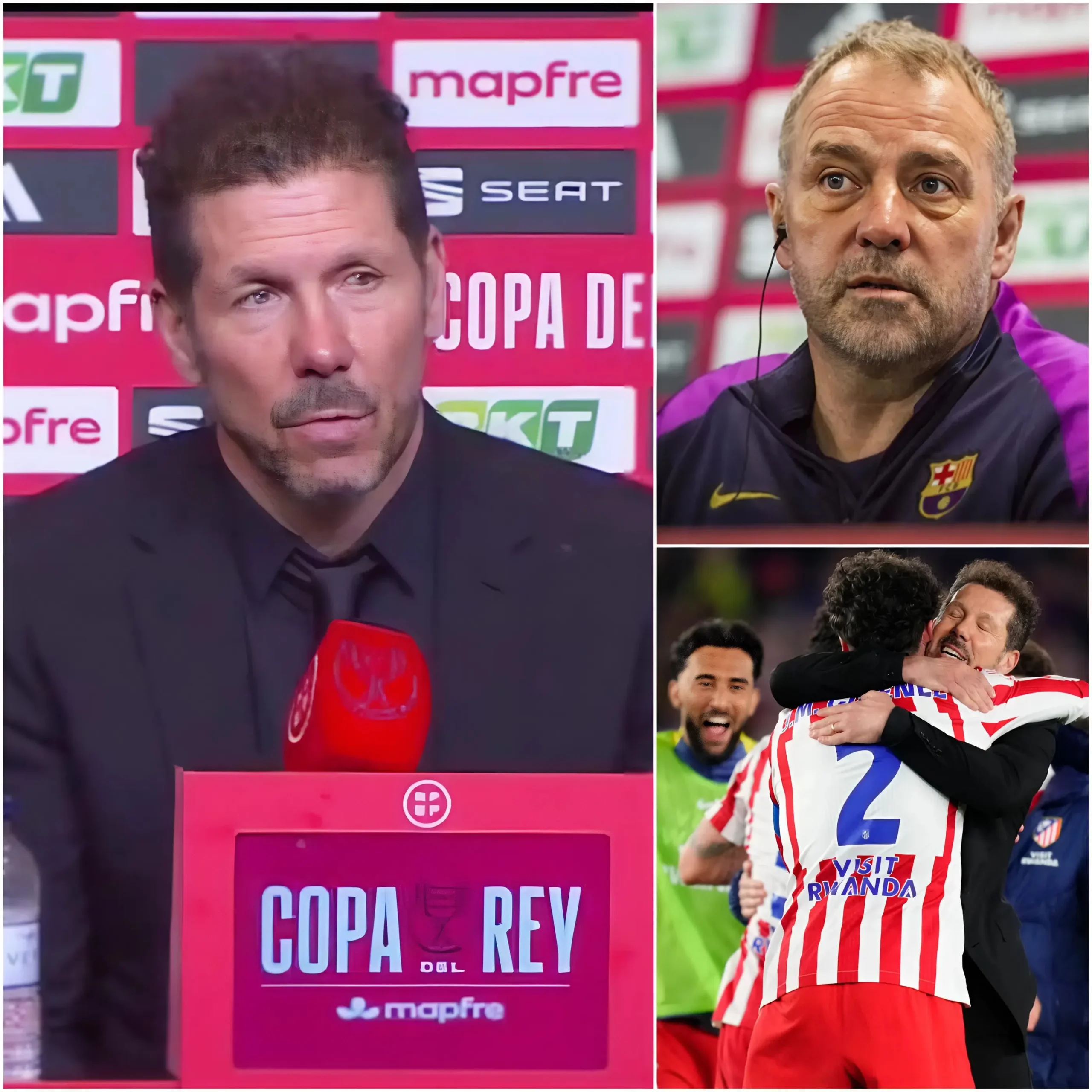 Cover Image for TRAS LA ELIMINACIÓN EN DOS PARTIDOS: 4-3. El entrenador del Barcelona, Hansi Flick, no dudó en criticar duramente al técnico del Atlético de Madrid. Afirmó que la victoria del Atlético solo se debió a una suerte inmerecida y calificó al equipo colchonero como un conjunto mediocre en España.Inmediatamente después, Diego Simeone se levantó de un salto, señaló directamente a la cara de Hansi Flick y soltó una frase de exactamente 15 palabras que dejó al alemán sin palabras, obligándolo a abandonar la rueda de prensa en medio de un silencio lleno de frustración…