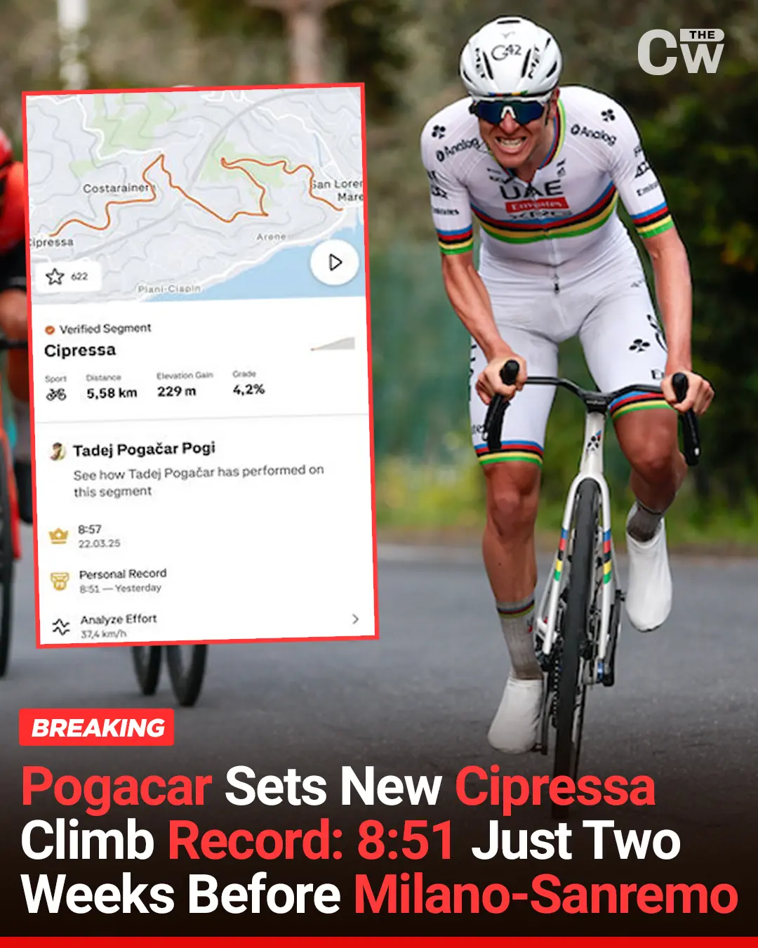 Cover Image for 🚨 BREAKING NEWS: Tadej Pogačar just shattered his own Cipressa record with an insane time of 8:51! But immediately afterwards, an anonymous rival released evidence accusing him of using a “secret assist device” attached under the seat. The UCI immediately sealed off the scene and summoned Pogačar that night. Is this an unprecedented feat or a shocking hoax that rocked cycling history? The horrifying truth about the 6-second difference has been revealed in the comments! 👇👇