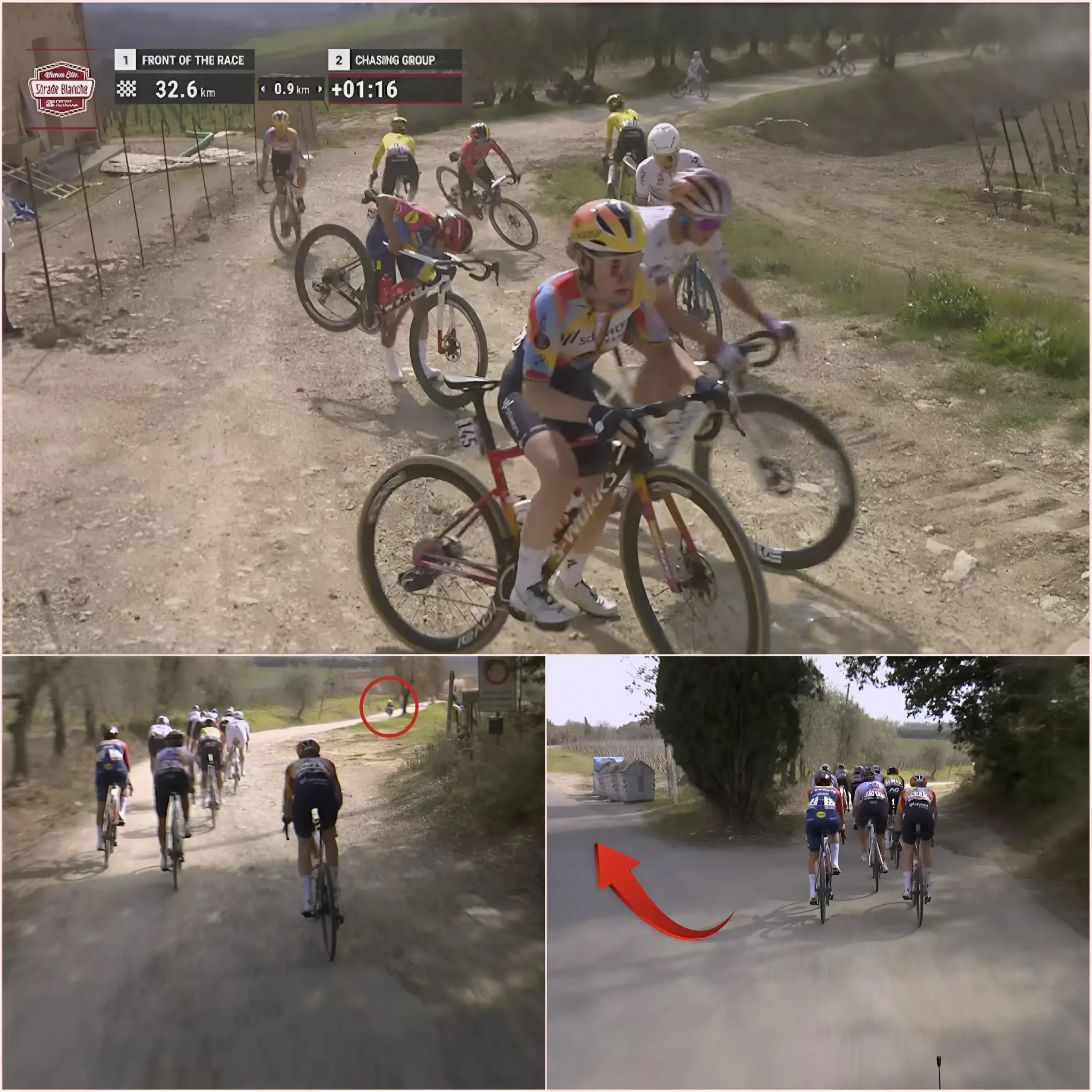 Cover Image for “I saw death right in front of me!” Lotte Kopecky sobbed after nearly hitting a truck at Strade Bianche, misled toward a dead end by a mysterious person. Demi Vollering cried in shock as the UCI launched an emergency probe into possible sabotage.