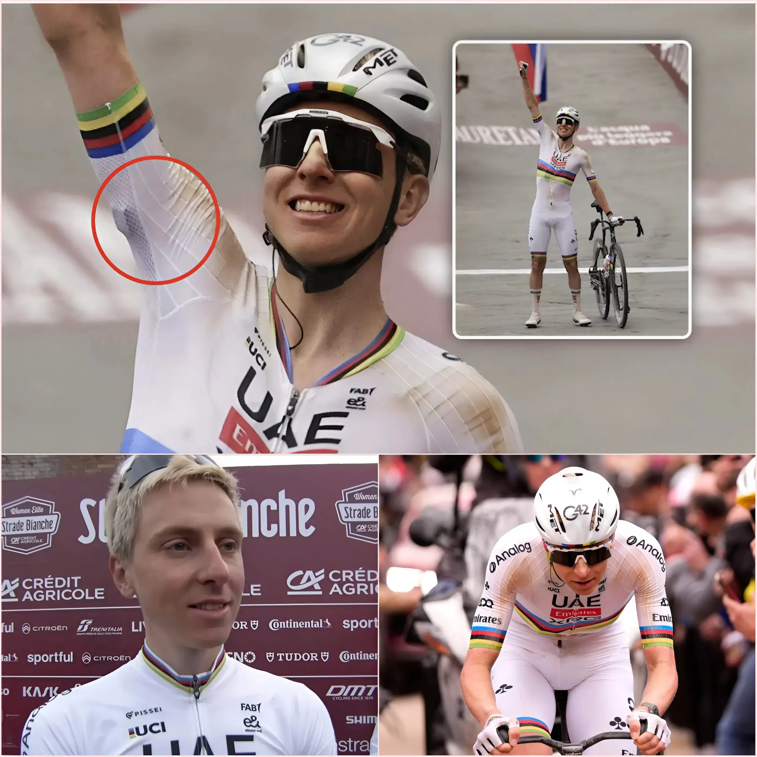 Cover Image for 🚨 Shocking Strade Bianche Controversy: Cameras Spot Mysterious Black Object Under Tadej Pogačar’s Armpit After Solo Victory, Triggering Accusations of “Technological Doping” and Forcing UAE Team Emirates to Respond as the UCI Holds an Emergency Meeting to Investigate the Truth Behind the Alleged Secret Weapon.