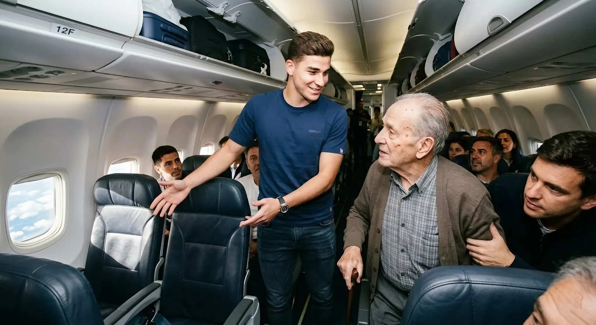 Cover Image for 🚨 NOTICIA DE ÚLTIMA HORA: El mundo del deporte quedó conmocionado tras informes que revelan que Julián Álvarez sorprendió a los pasajeros de un vuelo comercial con un gesto extraordinario de generosidad, cediendo en silencio su asiento de primera clase a un veterano de edad avanzada justo antes del despegue.