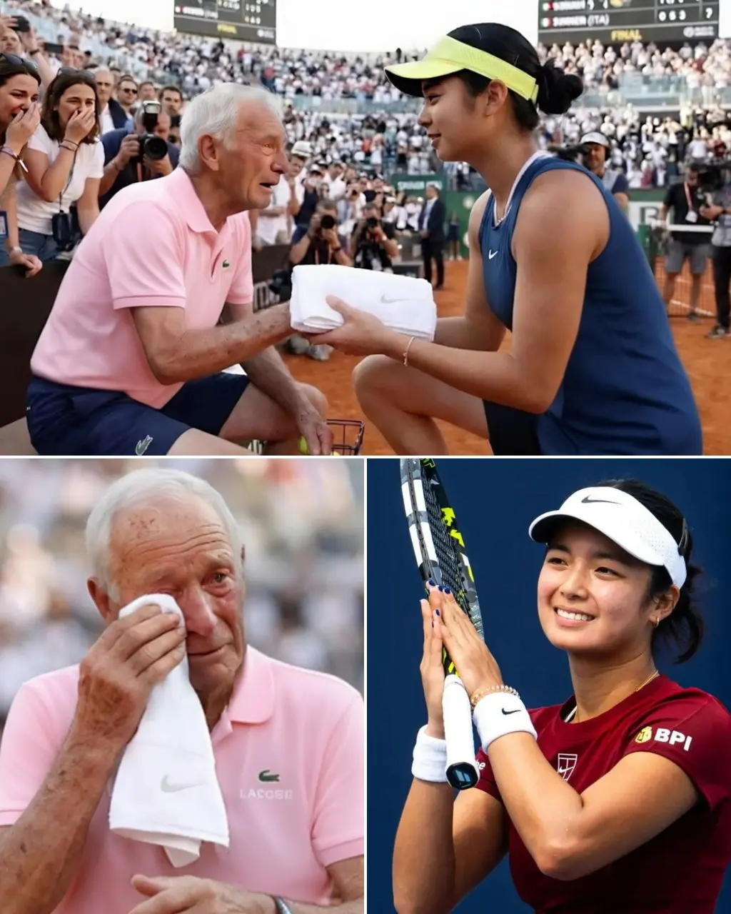Cover Image for 🚨 A TOUCHING MOMENT IN THE WORLD OF TENNIS: Alexandra Eala kneels before an elderly ball boy