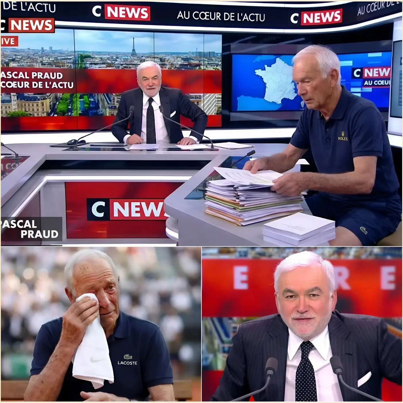 Cover Image for UN MOMENT TOUCHANT EN POLITIQUE : Pascal Praud s’agenouille devant un agent d’entretien âgé – une scène qui a ému aux larmes des millions de téléspectateurs ! Après avoir terminé le tournage pour CNews, Pascal Praud ne s’est pas empressé d’éteindre les caméras ni de retourner en loge.