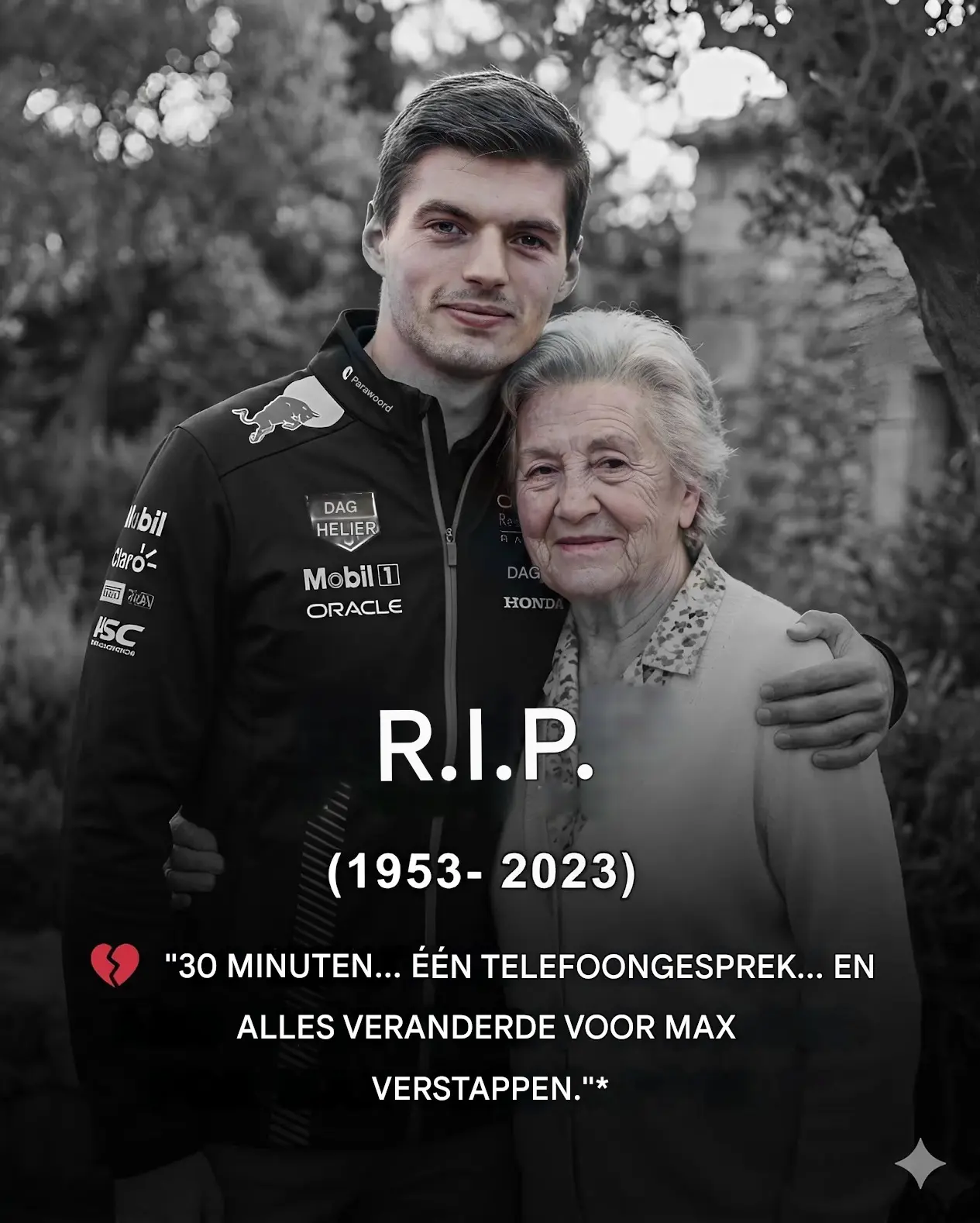 Cover Image for TRIEST NIEUWS💔 Slechts 30 minuten geleden heeft de familie van Max Verstappen een verwoestend bericht bevestigd — zijn geliefde grootmoeder is overleden… Een enorm pijnlijk verlies, juist op een cruciaal moment in zijn carrière. Sterkte, Max. 🙏