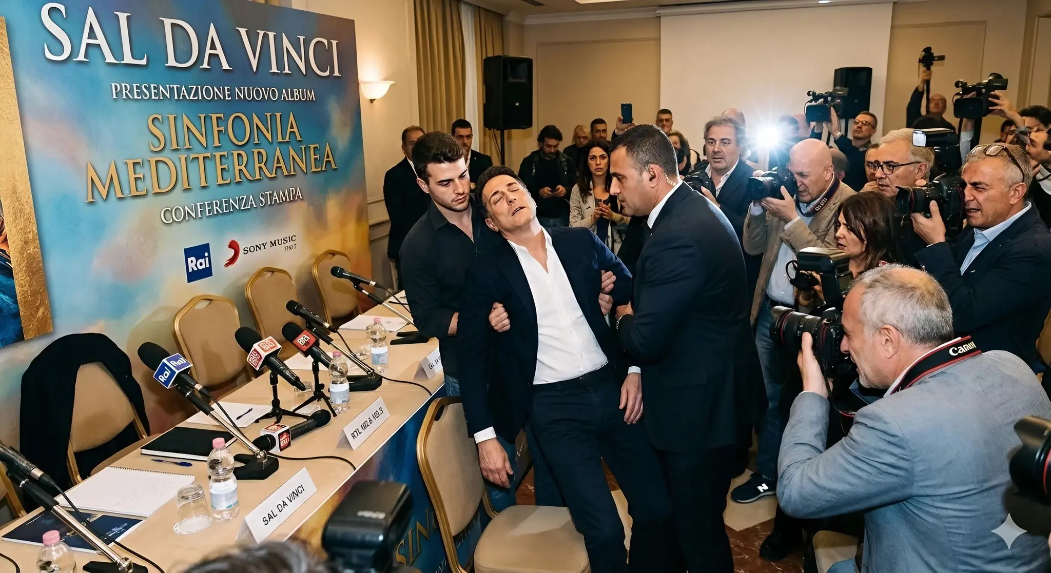 Cover Image for 😱Dieci minuti fa: Il panico si è diffuso durante la presentazione dell’album quando Sal Da Vinci è improvvisamente crollato mentre parlava davanti al pubblico e ai giornalisti.