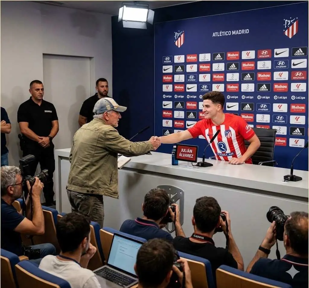 Cover Image for Los guardias de seguridad se preparaban para detenerlo, pero Julián Álvarez levantó la mano con calma y dijo: “Déjenlo acercarse”. Un hombre de unos sesenta años, que llevaba una chaqueta vieja con los hombros gastados y una gorra de béisbol desteñida con el logo de la AFA (Asociación del Fútbol Argentino)