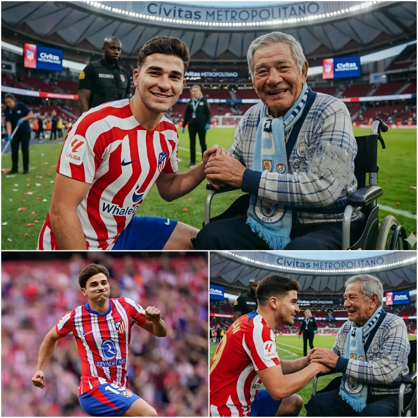 Cover Image for Momento conmovedor: ¡Seguro que se te saltarán las lágrimas al ver la reacción de Julián Álvarez tras la victoria ante el Barça! En pleno momento de celebración, un anciano con discapacidad apareció de repente en el terreno de juego. Dejando a un lado la gloria del triunfo, la forma en que Álvarez se acercó y atendió con ternura al anciano hizo que todo el estadio estallara de emoción.