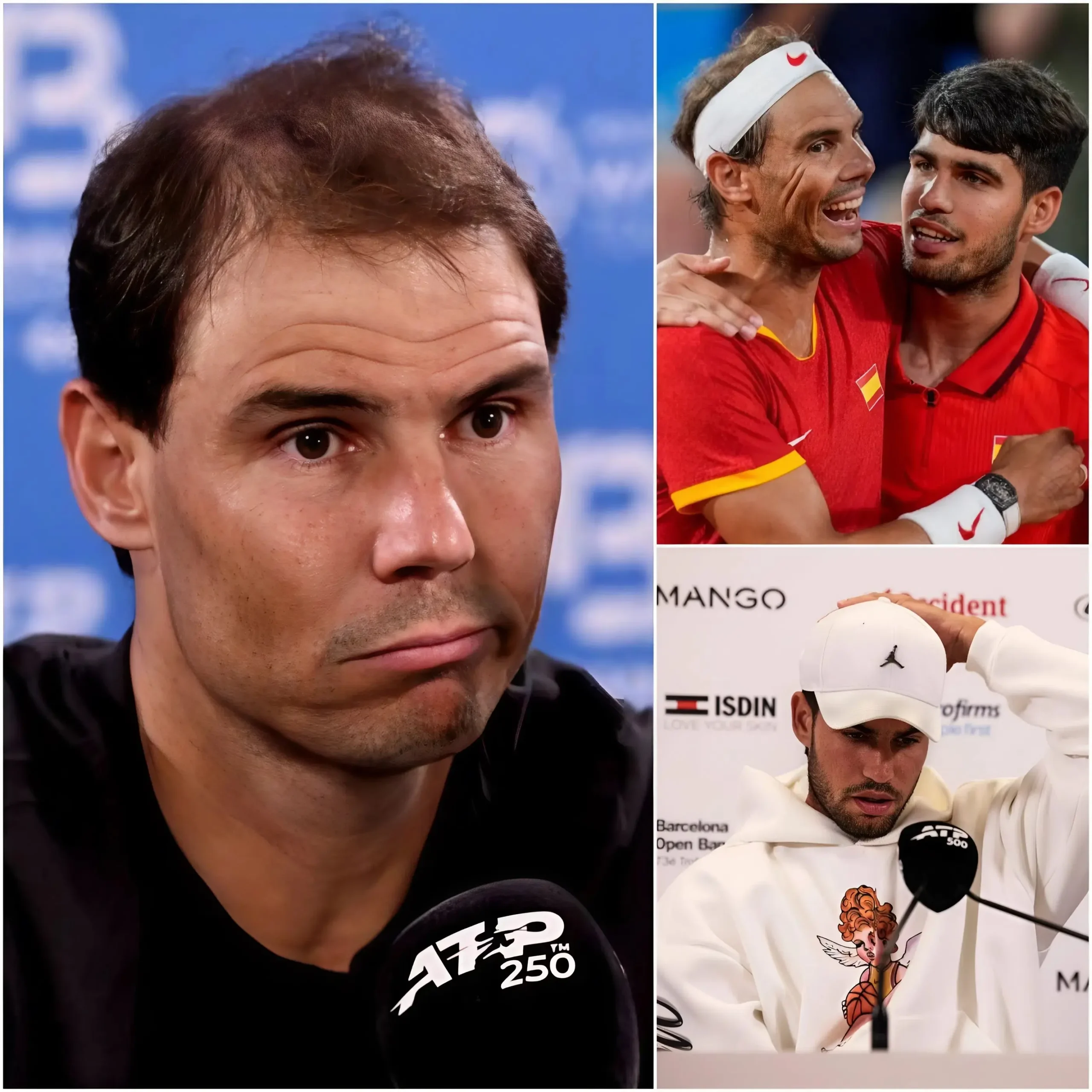 Cover Image for “Carlos, hijo, sé cuánto dolor sientes.” – El “Rey de la Tierra Batida”, Rafael Nadal, rompió su silencio, ofreciendo un cálido pero emotivo consuelo a Carlos Alcaraz después de que el joven se viera obligado a retirarse del Abierto de Barcelona debido a una grave lesión en la muñeca.