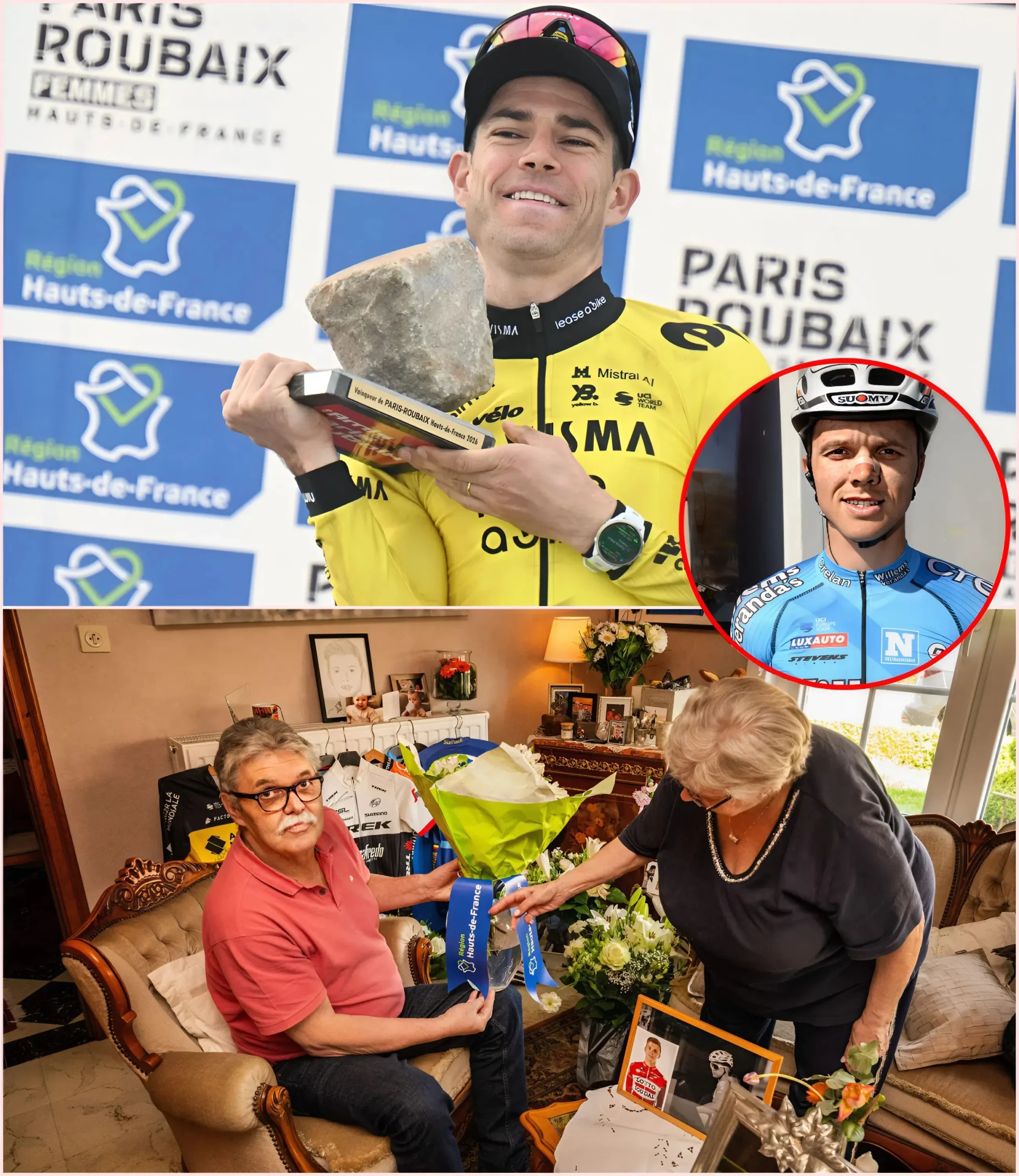 Cover Image for 🔥💔 EEUWIGE VRIENDSCHAP: Na afloop van Parijs-Roubaix overhandigde Wout Van Aert zijn winnende boeket aan de familie van Michael Goolaerts