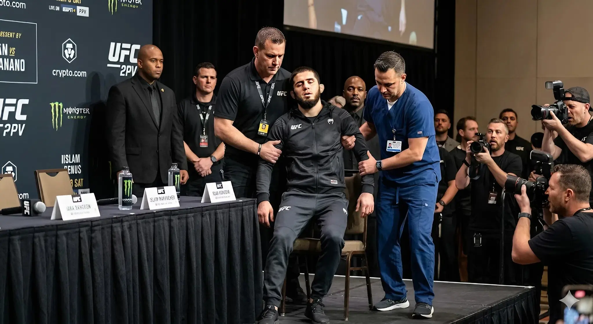 Cover Image for 🚨 SHOCKING NEWS: fans and teammates were left in panic as UFC star Islam Makhachev suddenly collapsed while waving to supporters after a continuous 4-hour training session.