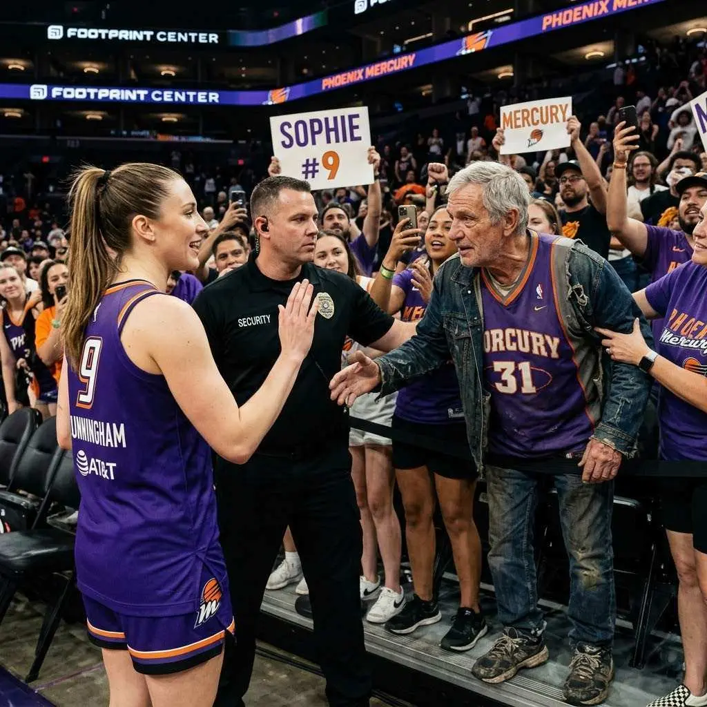 Cover Image for Security staff tried to stop him, but Sophie Cunningham calmly raised her hand and said, “Let him come closer.” A man in his sixties, wearing old, worn-out sneakers, a faded Mercury jersey from the previous season along with a tattered jacket, was pushing through the crowd while Sophie was greeting fans at the post-game meet-and-greet at Footprint Center in 2026.