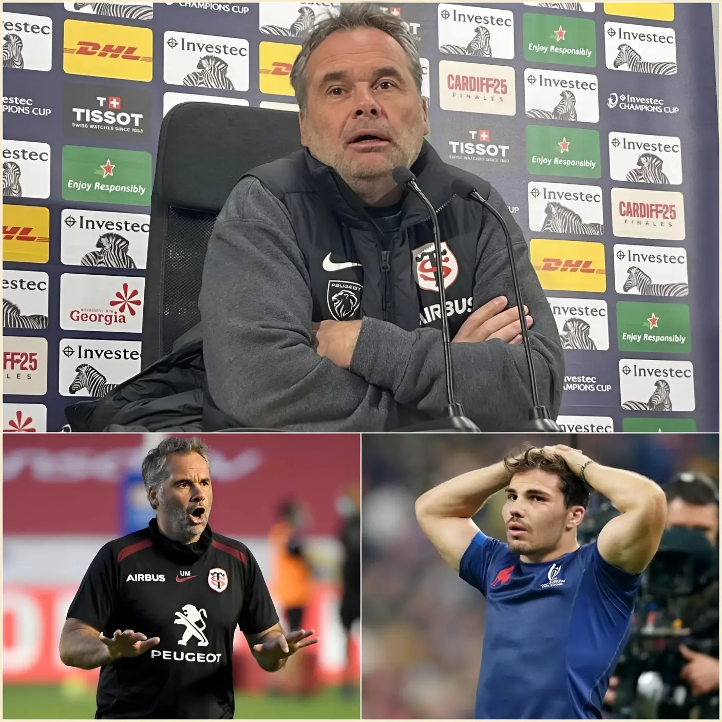 Cover Image for « IL N’A QUE 30 ANS » – Ugo Mola, entraîneur du Stade Toulousain, a fondu en larmes en évoquant l’état de santé de son capitaine Antoine Dupont après la défaite face à Clermont lors de la 22e journée. Il a essuyé de vives critiques de la part des supporters et des médias suite à ce match.