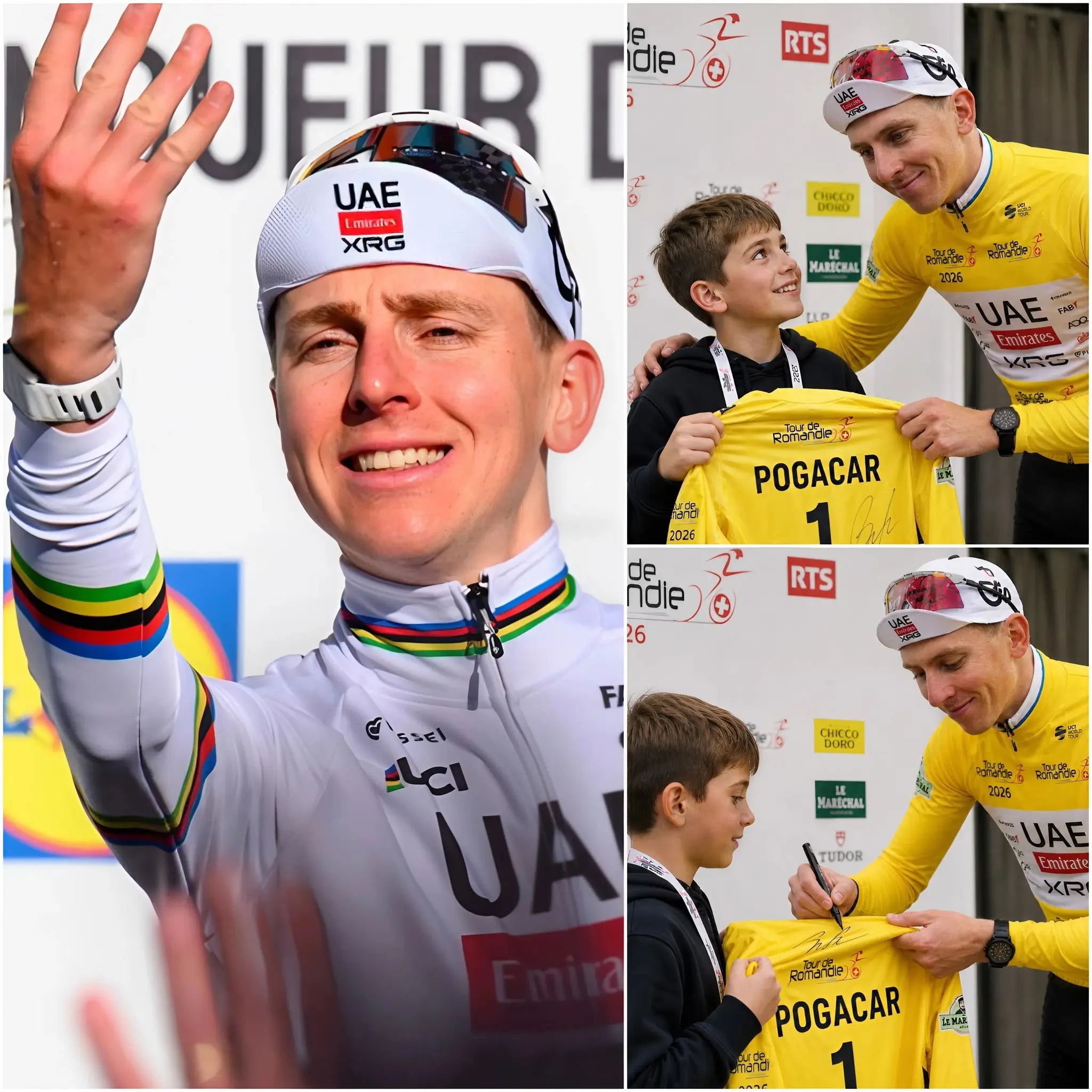 Cover Image for ✊🚴 “Pogačar, ik ben vanuit Slovenië gereisd alleen om jou te zien winnen.” Een met de hand geschreven bord, een beetje scheef, verscheen in een hoek van de tribunes bij de Tour de Romandie 2026.