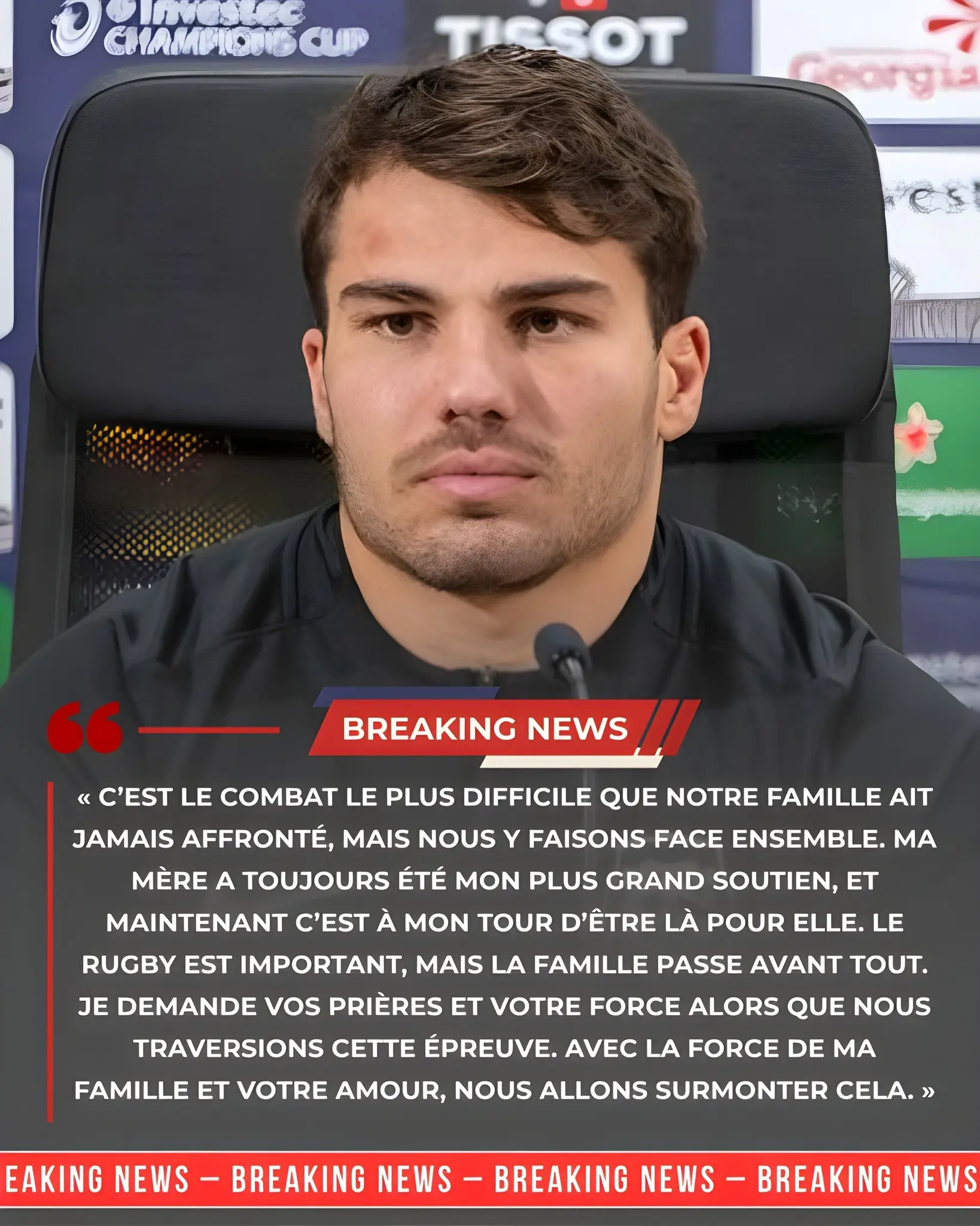 Cover Image for 🚨 DOULOUREUSE NOUVELLE : Antoine Dupont et toute sa famille traversaient une épreuve particulièrement douloureuse concernant sa mère, une annonce qui a bouleversé le vestiaire du Stade Toulousain, tandis que la réaction inattendue de l’entraîneur principal