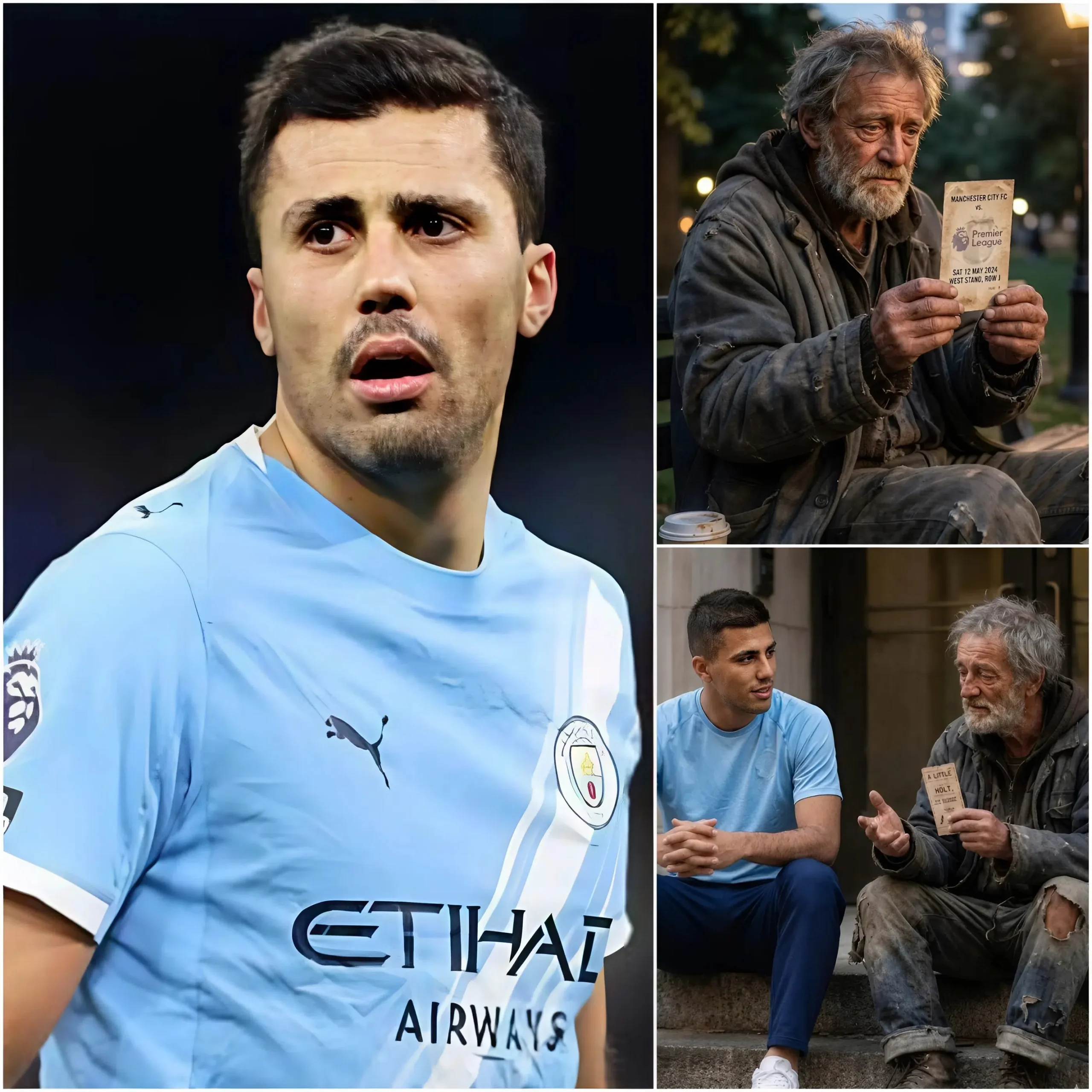 Cover Image for ❤️ “He was just clutching that old ticket as if it were his whole life…” – Rodri reportedly moved the Manchester City fan community when he stopped in the middle of Manchester to talk to a homeless man holding the first Man City ticket he ever bought.