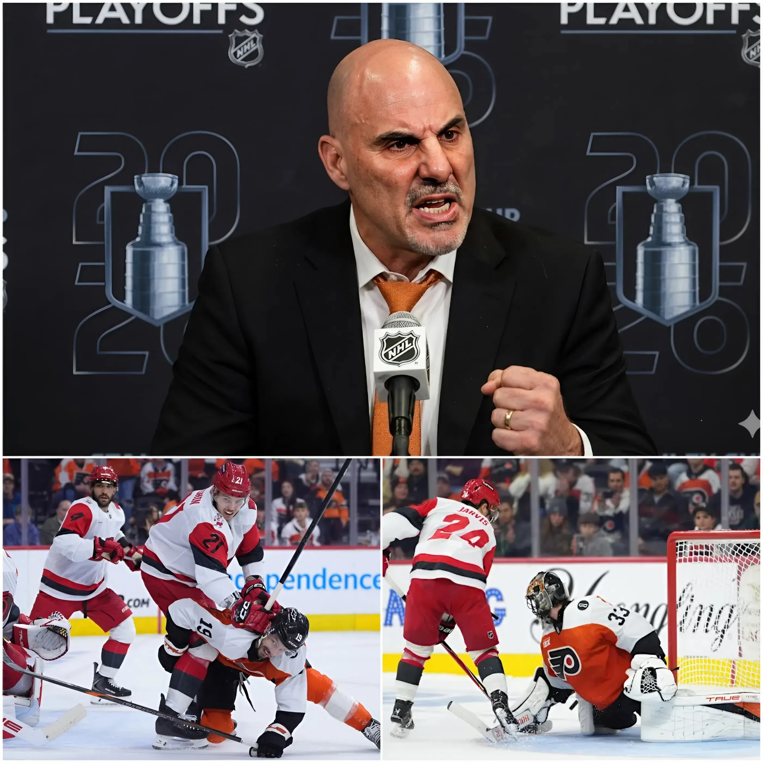 Cover Image for “THIS LEAGUE IS REWARDING DIRTY HOCKEY!” — The Philadelphia Flyers coach reportedly flew into a rage after a controversial goalie interference incident involving the Carolina Hurricanes, accusing several Carolina players of “repeatedly crossing the line but being ignored.”