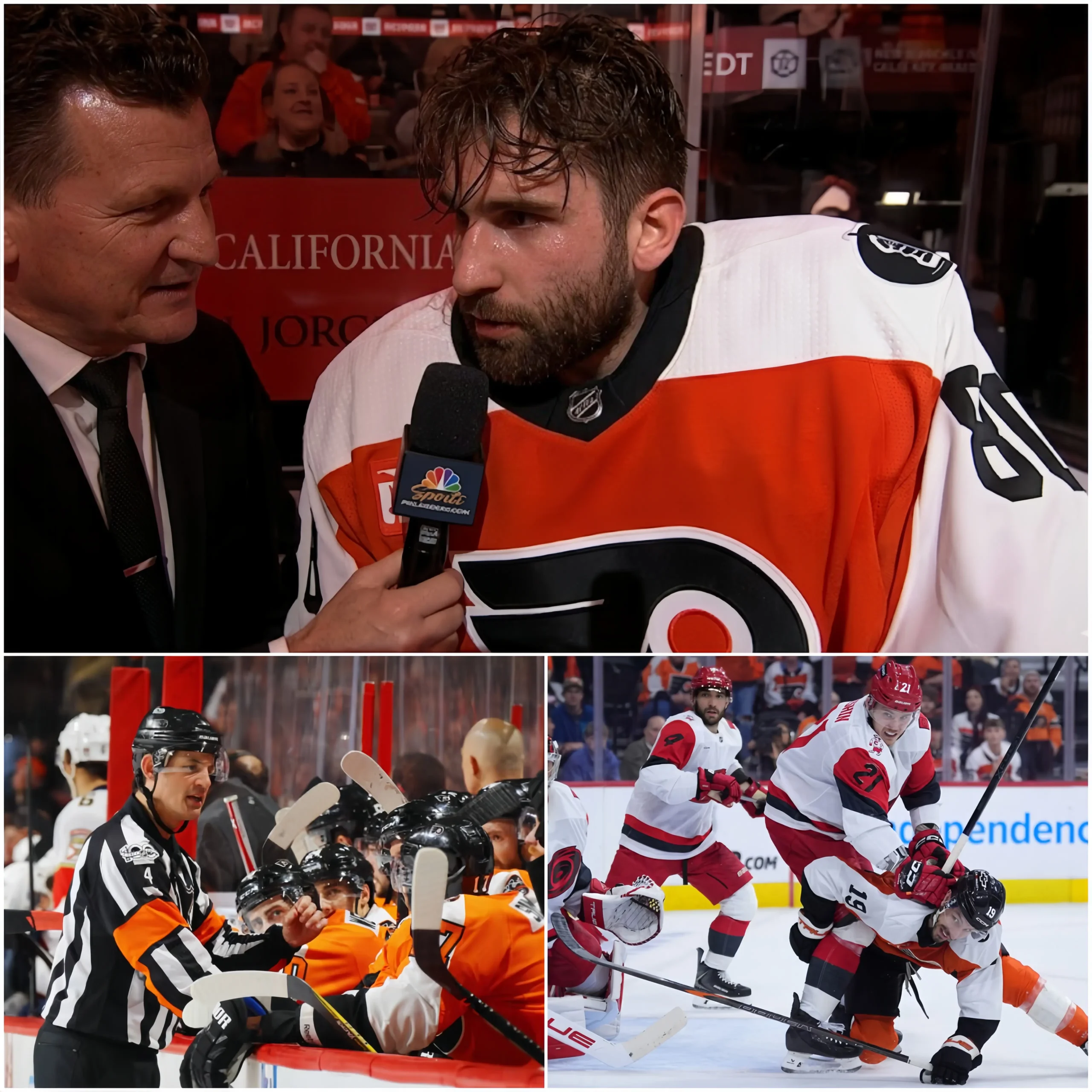 Cover Image for “WHAT ARE THE REFEREES DOING? THAT’S A PENALTY ALL DAY!” — The Philadelphia Flyers star reportedly lost his temper after a violent collision in front of the field during their loss to the Carolina Hurricanes.