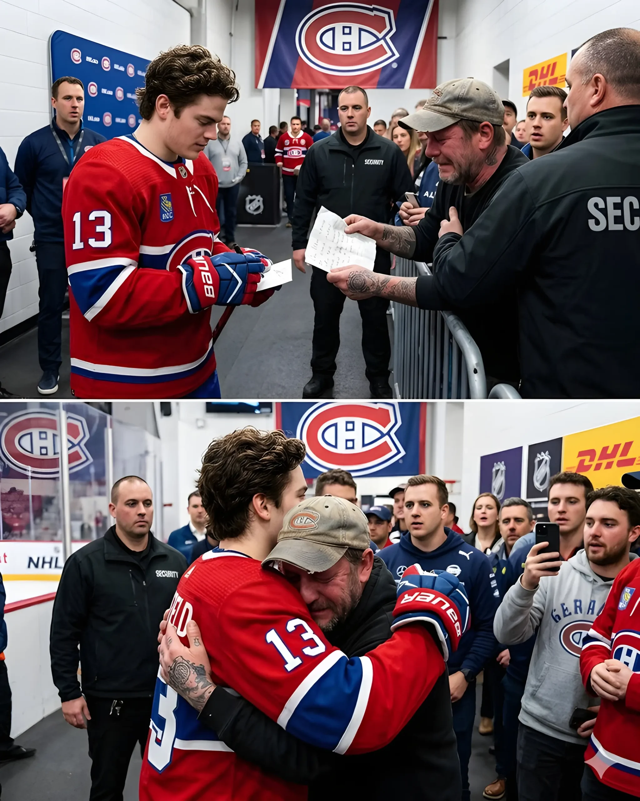 Cover Image for 💥 Le personnel de sécurité était sur le point de l’arrêter, mais Cole Caufield a secoué la tête et a dit : « Laissez-le s’approcher ». Un homme portant des chaussures usées et une casquette décolorée tentait désespérément de remettre une feuille écrite à la main alors que le jeune joueur de la NHL saluait les fans lors d’un événement avec le public.