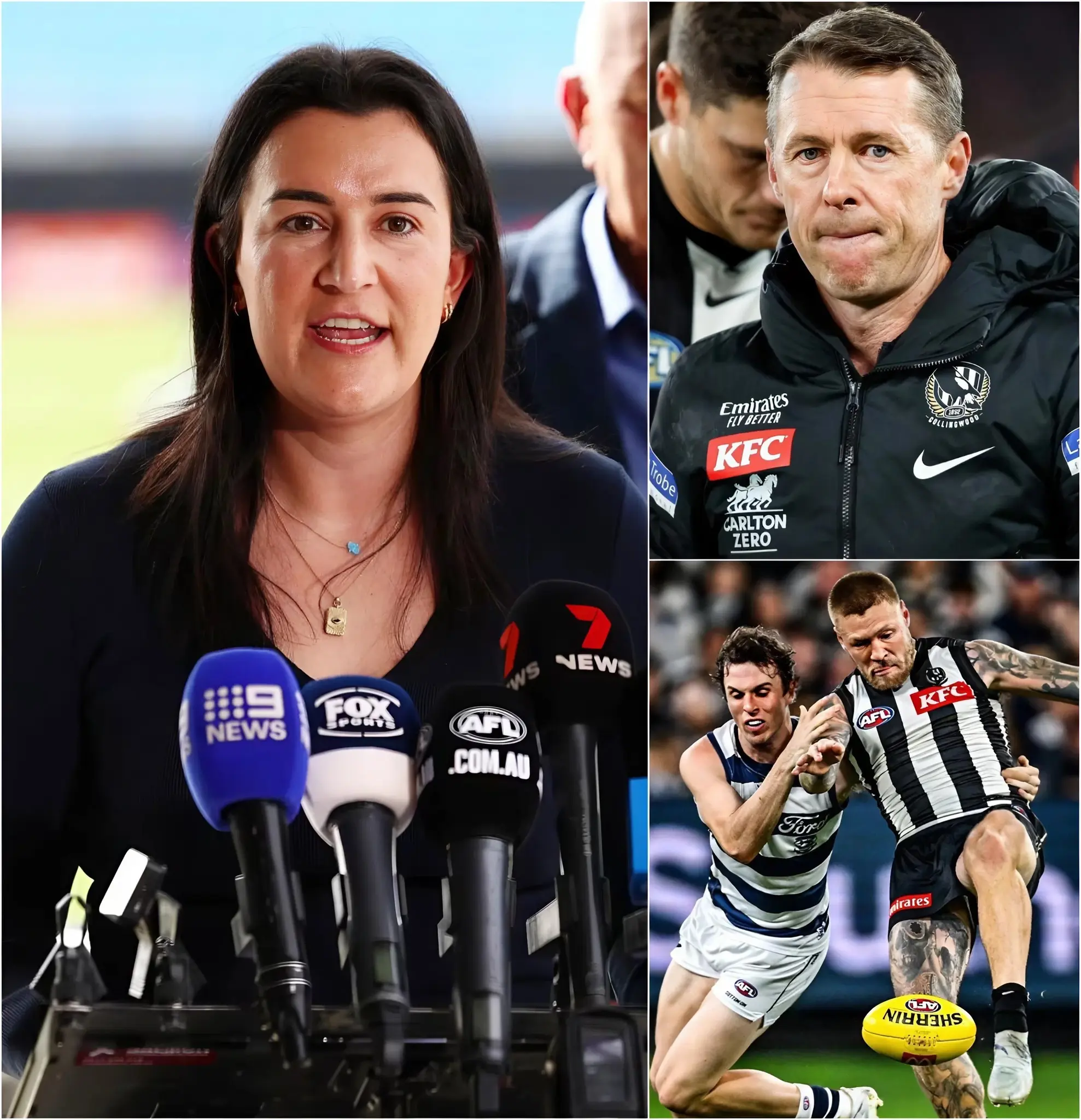 Cover Image for “WE ARE EXTREMELY SORRY!” AFL Head of Football, Laura Kane, has officially apologized to the Collingwood players and coaching staff following a series of controversial refereeing errors. Laura Kane admitted he was “deeply saddened” and “very disappointed” after reviewing the entire match footage.