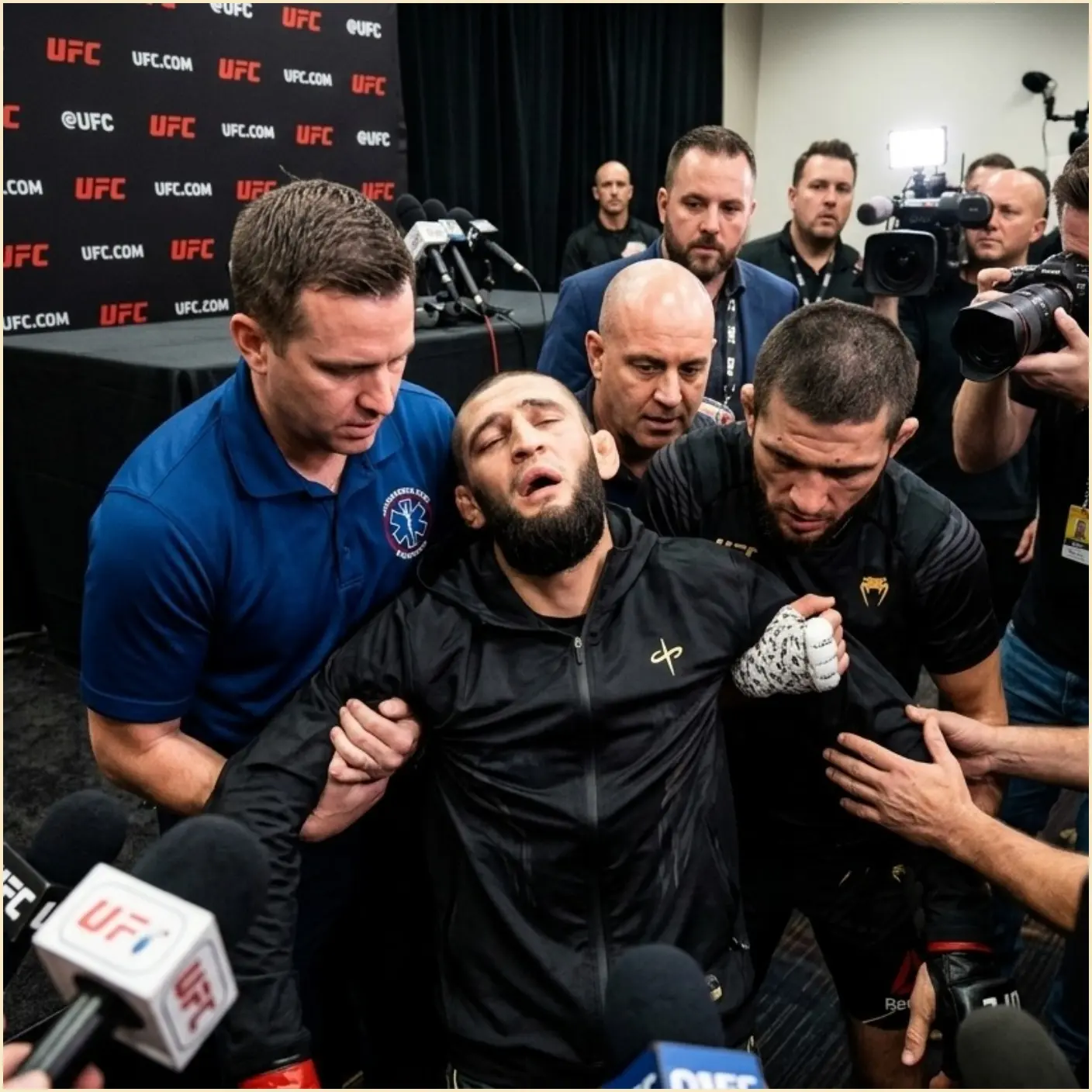 Cover Image for 10 MINUTES AGO: Panic spread throughout the backstage area and the stands at the UFC 328 event in Newark when the resilient fighter Khamzat Chimaev suddenly collapsed after his fight with Sean Strickland.