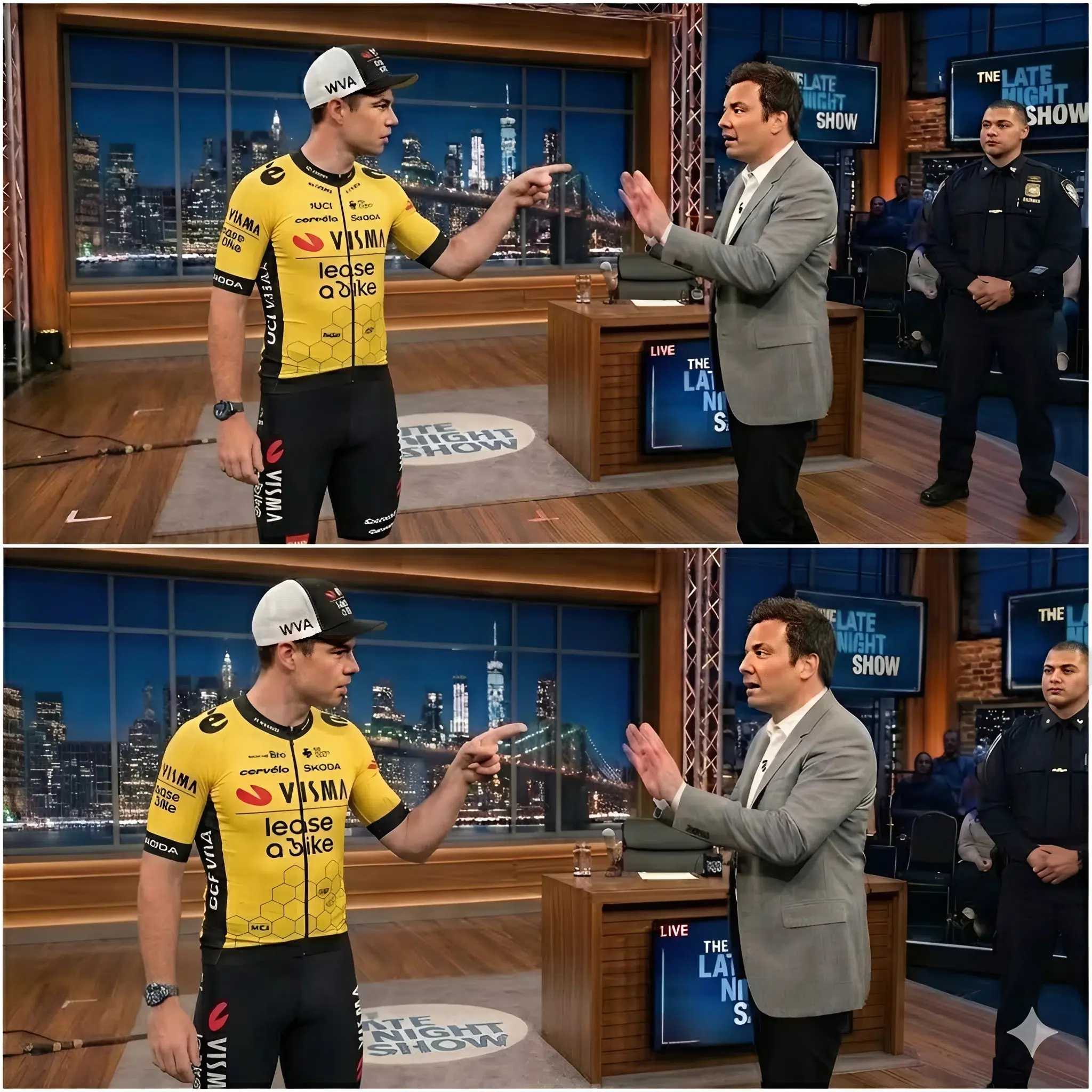 Cover Image for 🔴 TV-SCHOK: Wout van Aert maakt rustig zijn microfoon los en loopt weg uit The Tonight Show Geliefde wielersuperster Wout van Aert zat ontspannen en glimlachend naast Jimmy Fallon — maar binnen enkele minuten veranderde wat een luchtig interview moest worden in een van de meest verbluffende momenten uit de geschiedenis van de late night-tv