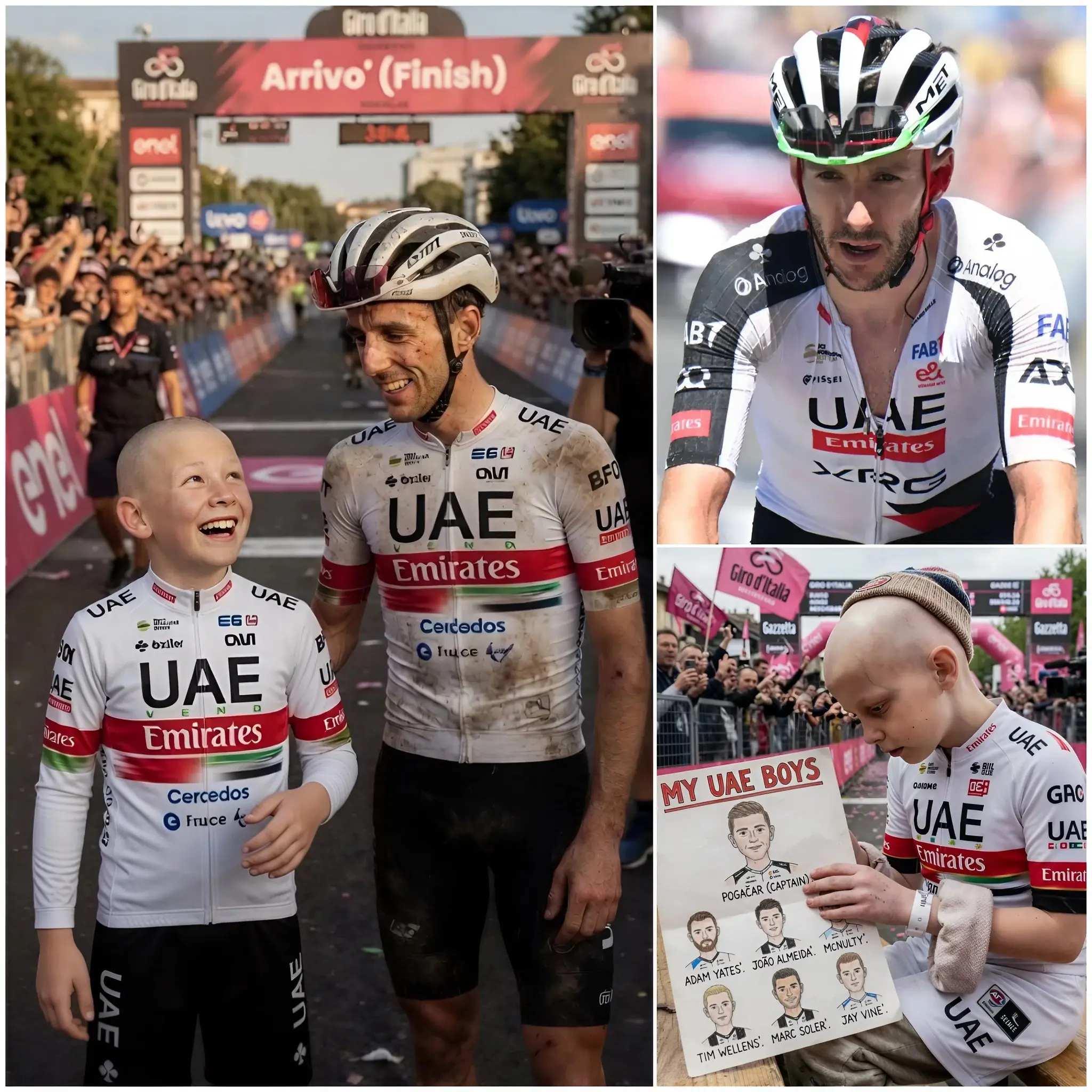 Cover Image for 🚨In un angolo gelido delle tribune del Giro d’Italia, un ragazzino fragile tremava dentro una maglia troppo grande della UAE Team Emirates-XRG.