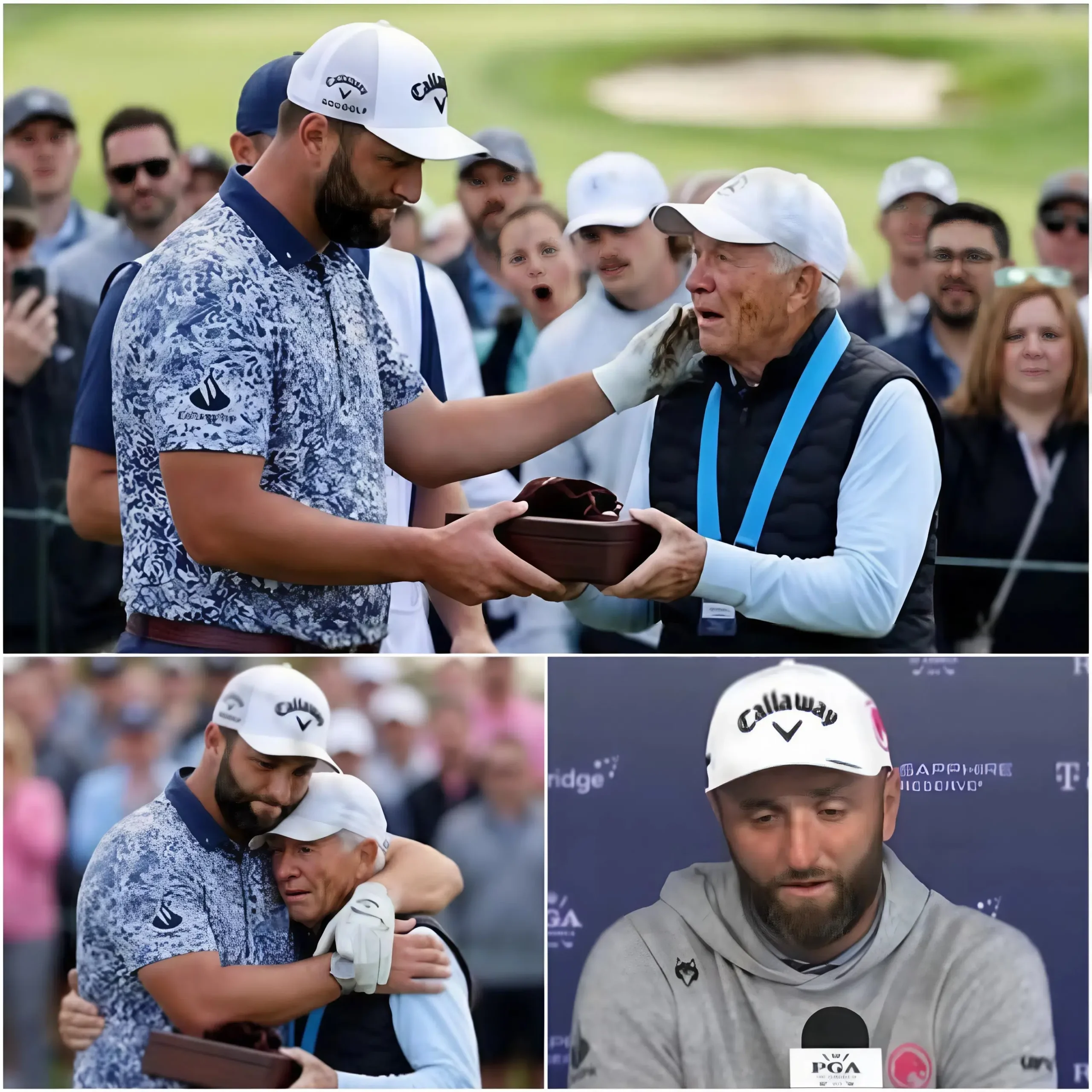 Cover Image for “I’M SO SORRY…” — JON RAHM MOVES THE ENTIRE PGA CHAMPIONSHIP TO TEARS WITH HEARTBREAKING GESTURE After accidentally hitting an elderly volunteer with a chunk of turf in a fit of frustration, Jon Rahm was consumed by guilt.