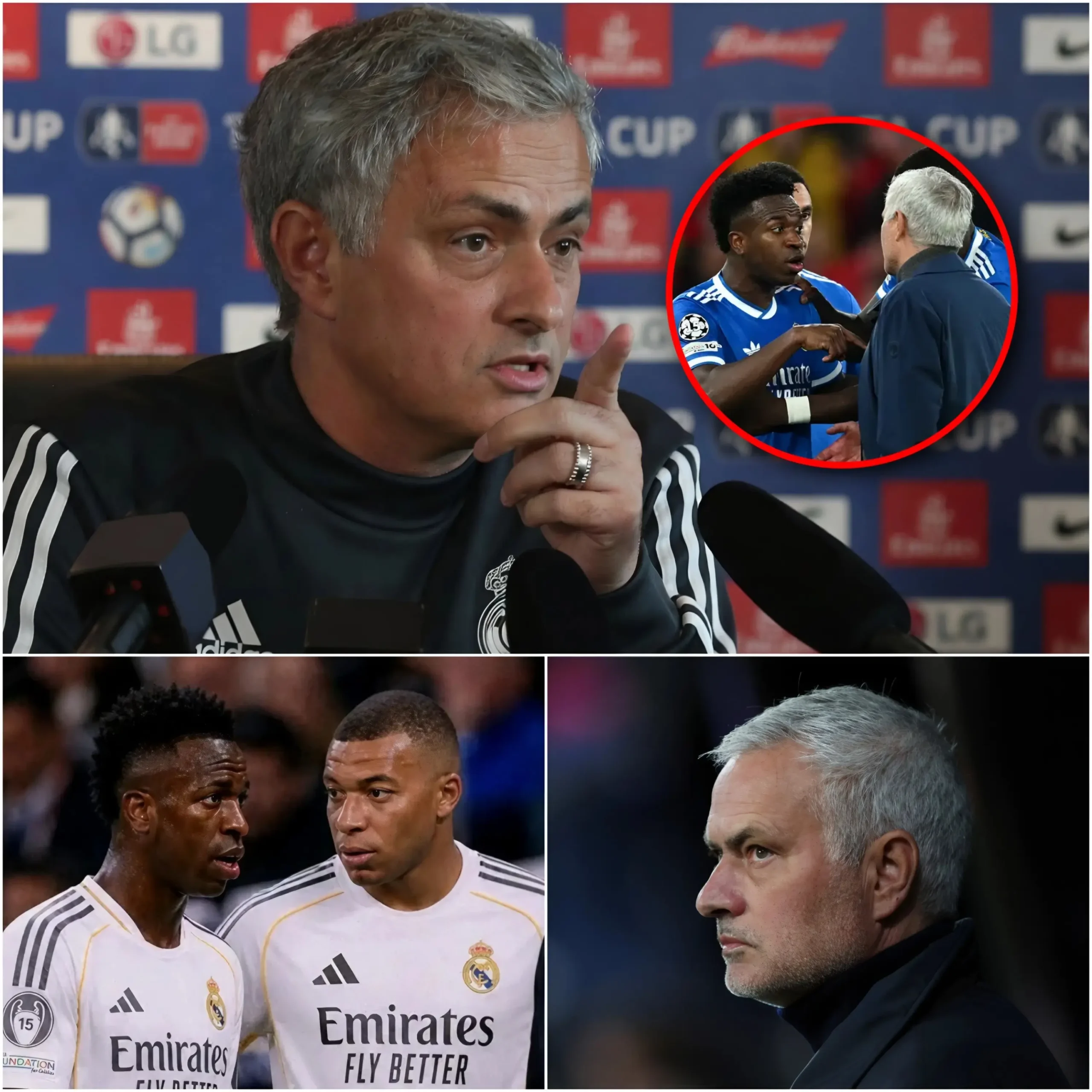 Cover Image for “NO NECESITAMOS EGOS, NECESITAMOS UN VERDADERO LÍDER.” 𝐇𝐀𝐂𝐄 𝟏𝟓 𝐌𝐈𝐍𝐔𝐓𝐎𝐒: Mourinho declaró que no elegiría ni a Kylian Mbappé ni a Vinicius Junior como líder del vestuario, sino que depositaría su confianza en un nombre extremadamente especial bajo los tres palos.