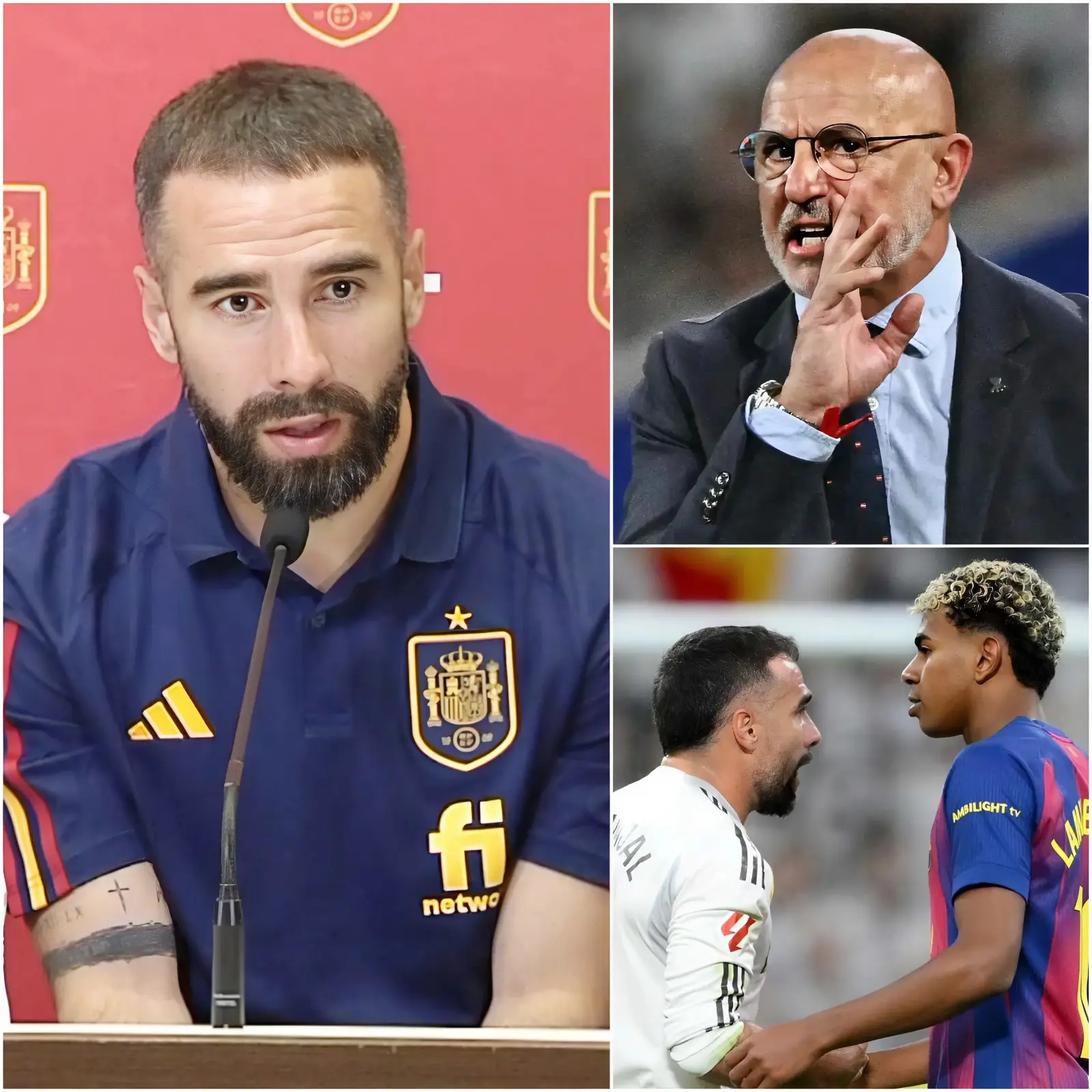 Cover Image for El seleccionador Luis de la Fuente reprendió directamente a Dani Carvajal, tras sus continuas quejas por no ser convocado y por el excesivo favoritismo hacia los jugadores del Barça. Con solo 10 palabras, dejó en evidencia no solo a Carvajal, sino a toda la plantilla del Real Madrid ante los medios de comunicación.