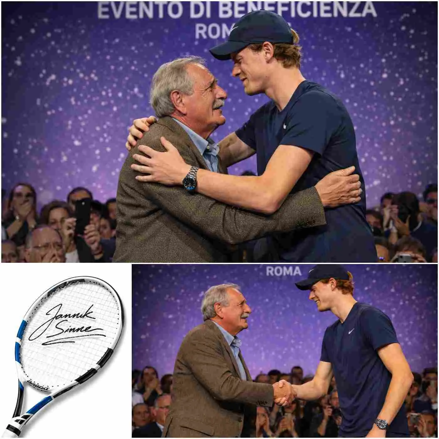 Cover Image for “YOUR RACKET HELPED MY FAMILY GET THROUGH THE DARKEST DAYS…” — In a deeply moving moment at a charity event in Rome, an elderly Italian man named Marco unexpectedly stepped onto the stage to meet Jannik Sinner, leaving the entire audience speechless.